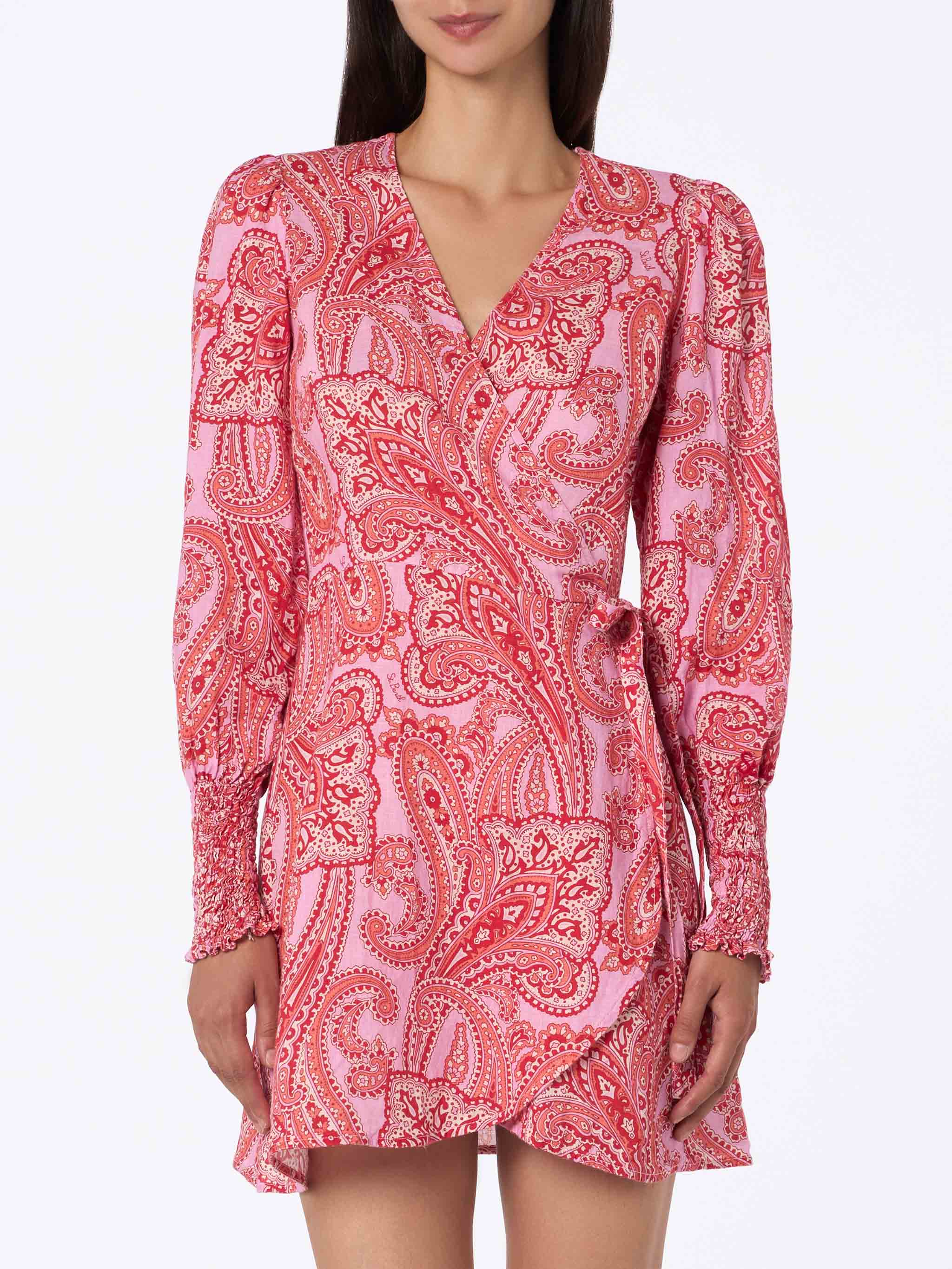 mc2-saint-barth-abito-brilly-donna-corto-avvolgente-in-lino-rosa-con-stampa-pais image 1