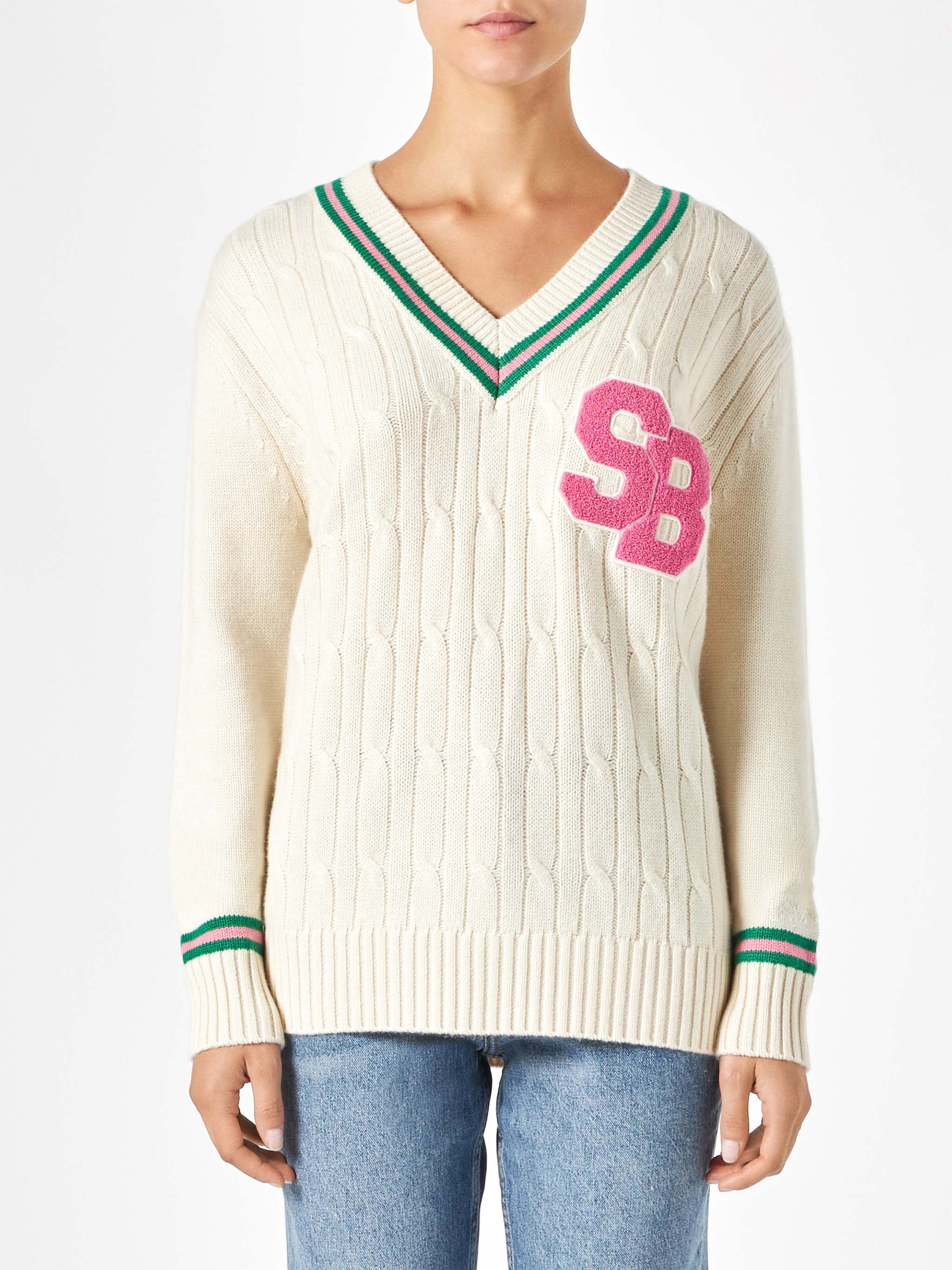 mc2-saint-barth-roger-maglia-donna-scollo-v-cashmere-misto-bianca-con-patch image 2