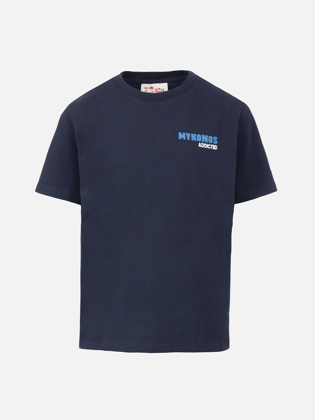 mc2-saint-barth-t-shirt-bambino-boy-cotone-blu-stampa-mykonos-cartoline image 1