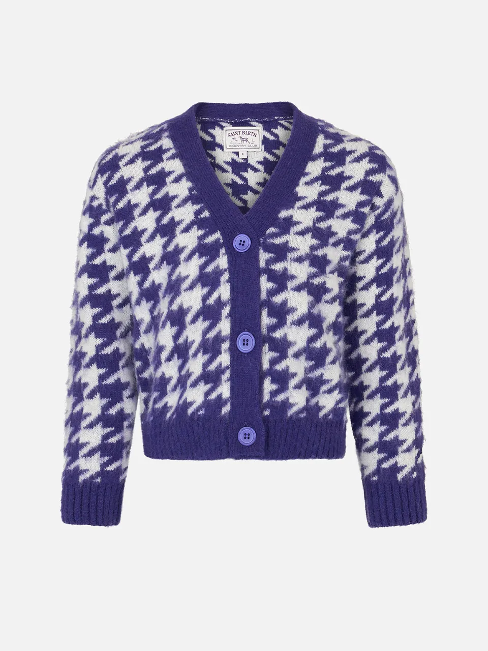 mc2-saint-barth-cardigan-crop-bambina-pied-de-poule-viola-bottoni-gioiello image 1