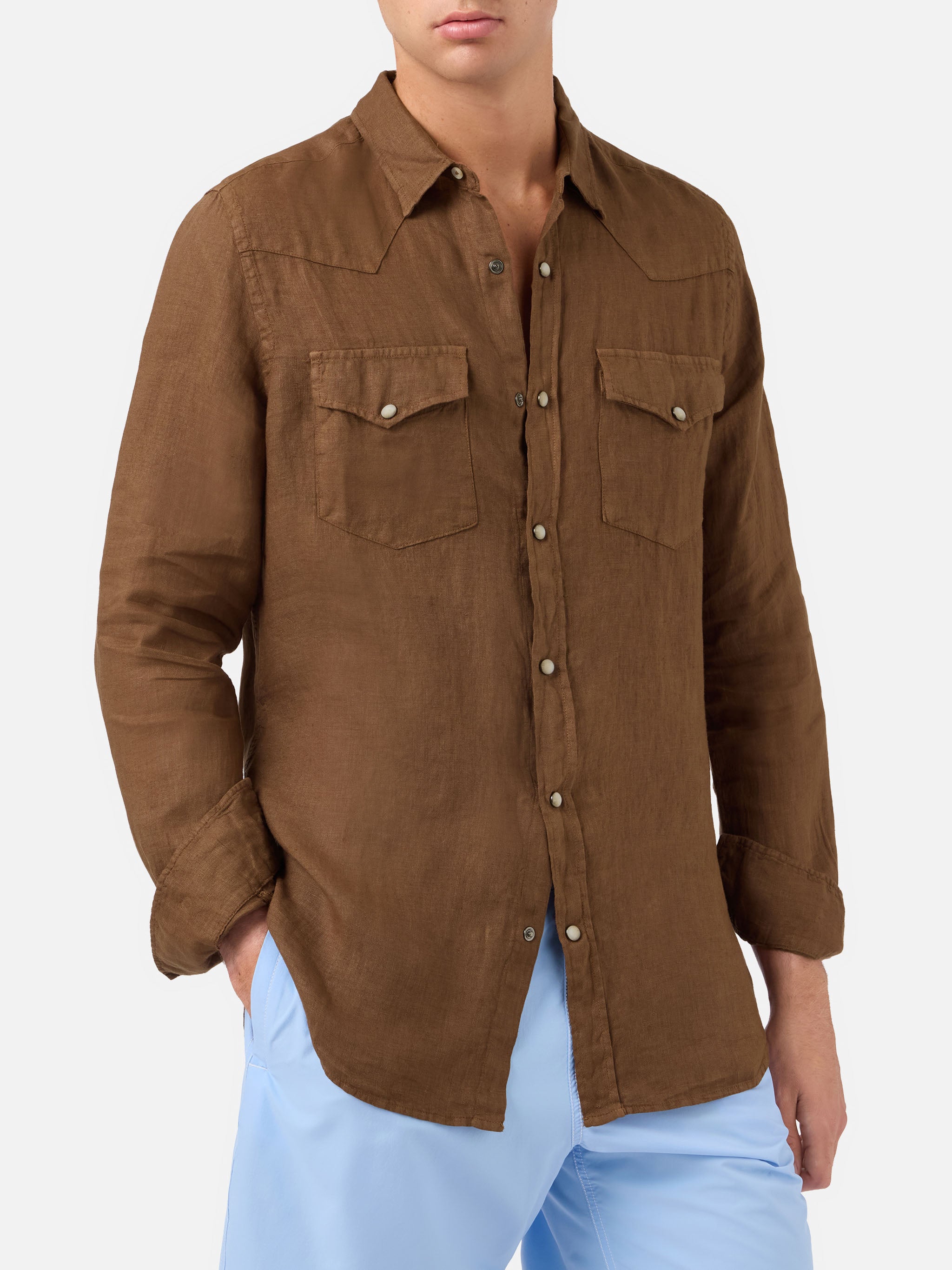 mc2-saint-barth-greg-camicia-uomo-lino-marrone-tinta-unita-vintage image 1