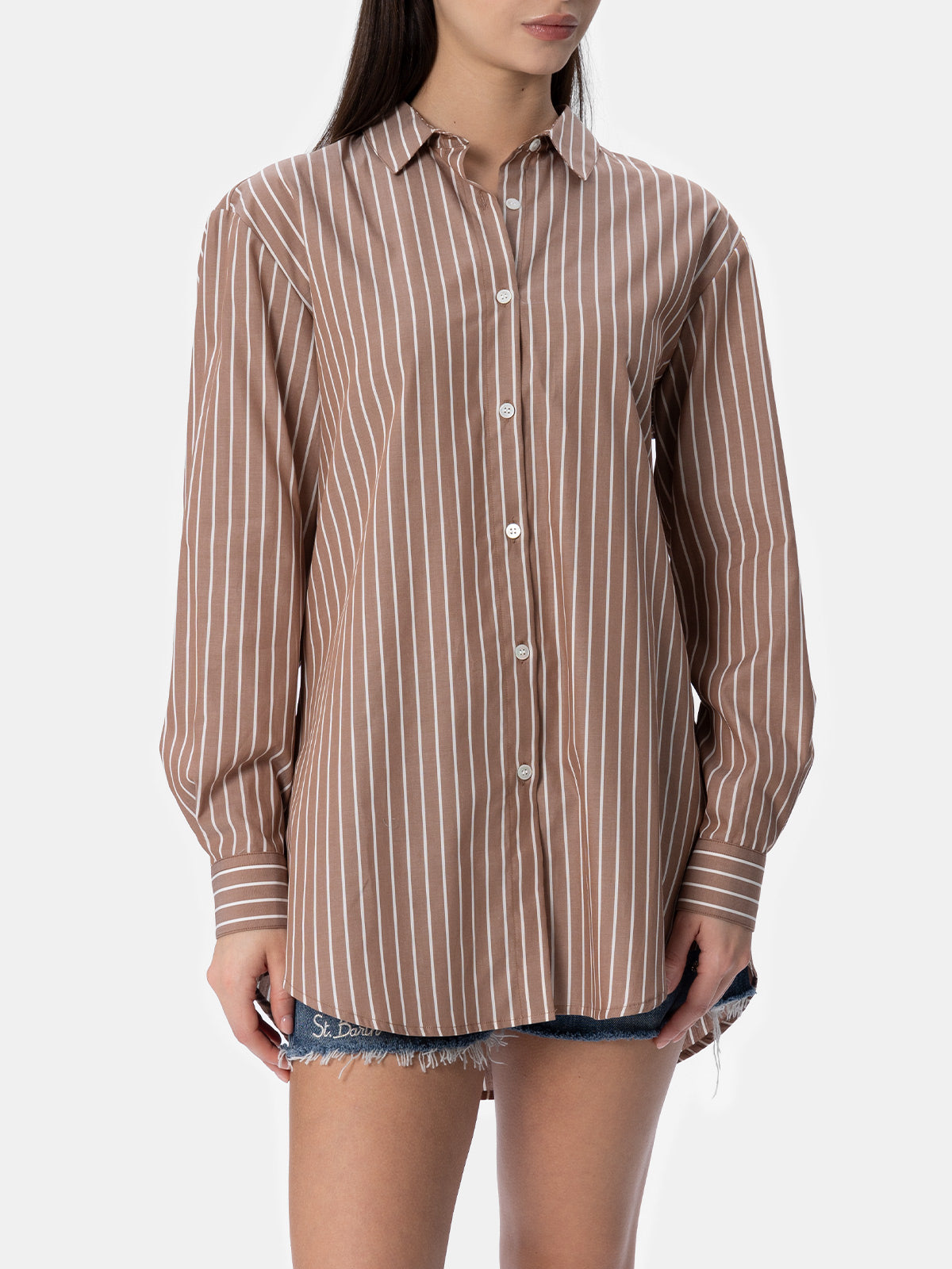 mc2-saint-barth-camicia-brigitte-donna-over-in-cotone-a-righe-marrone image 1