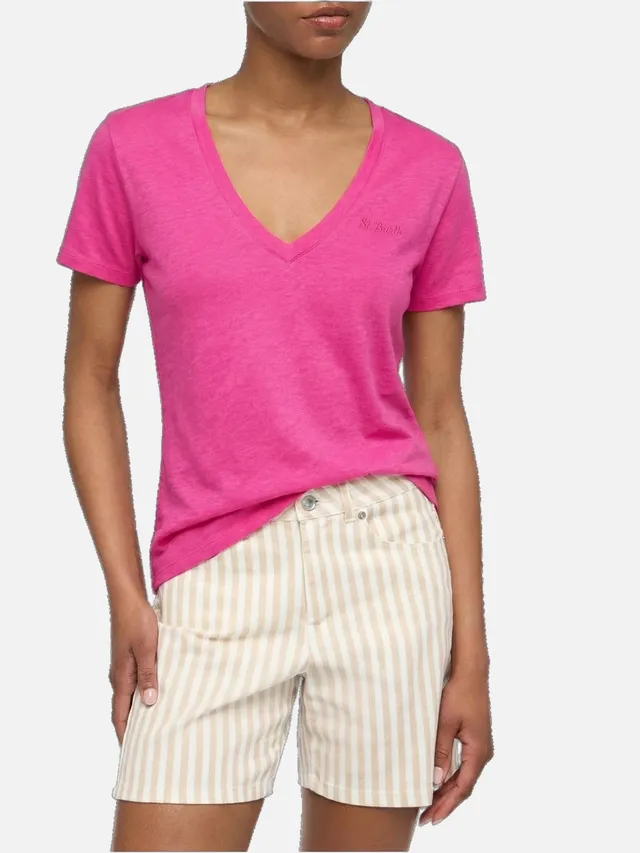 mc2-saint-barth-eloise-t-shirt-scollo-a-v-lino-rosa-fluo-donna image 1
