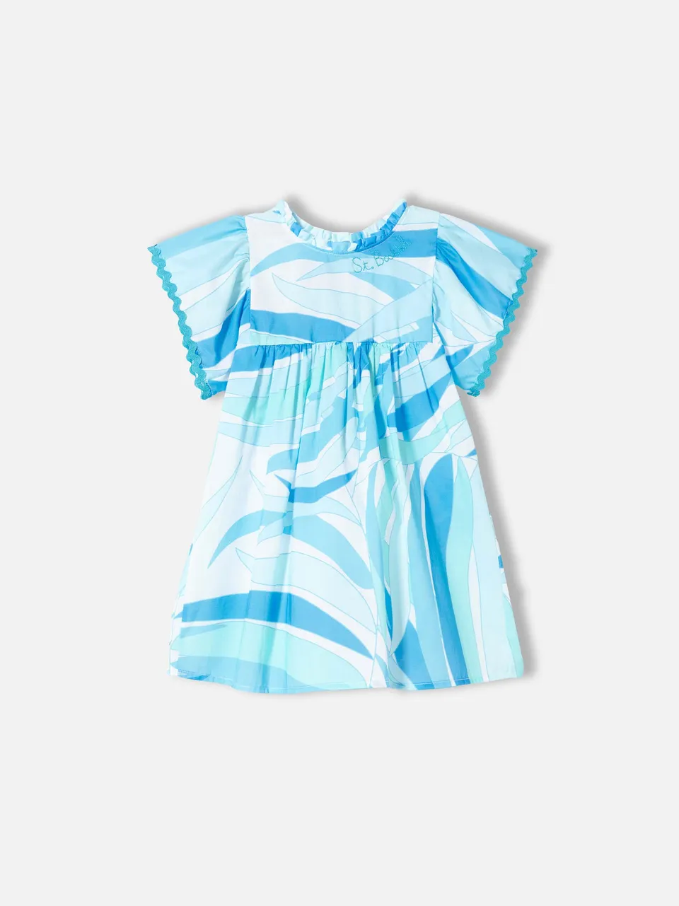 mc2-saint-barth-abito-da-bambina-stampa-palme-azzurre-maniche-corte-cotone image 1