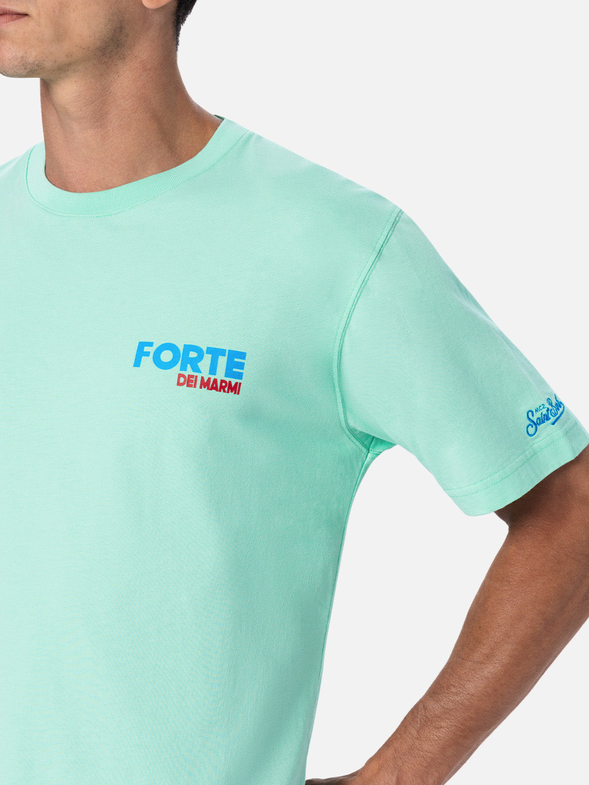mc2-saint-barth-t-shirt-uomo-stampa-cartolina-forte-dei-marmi-verde-menta-in-pur image 2