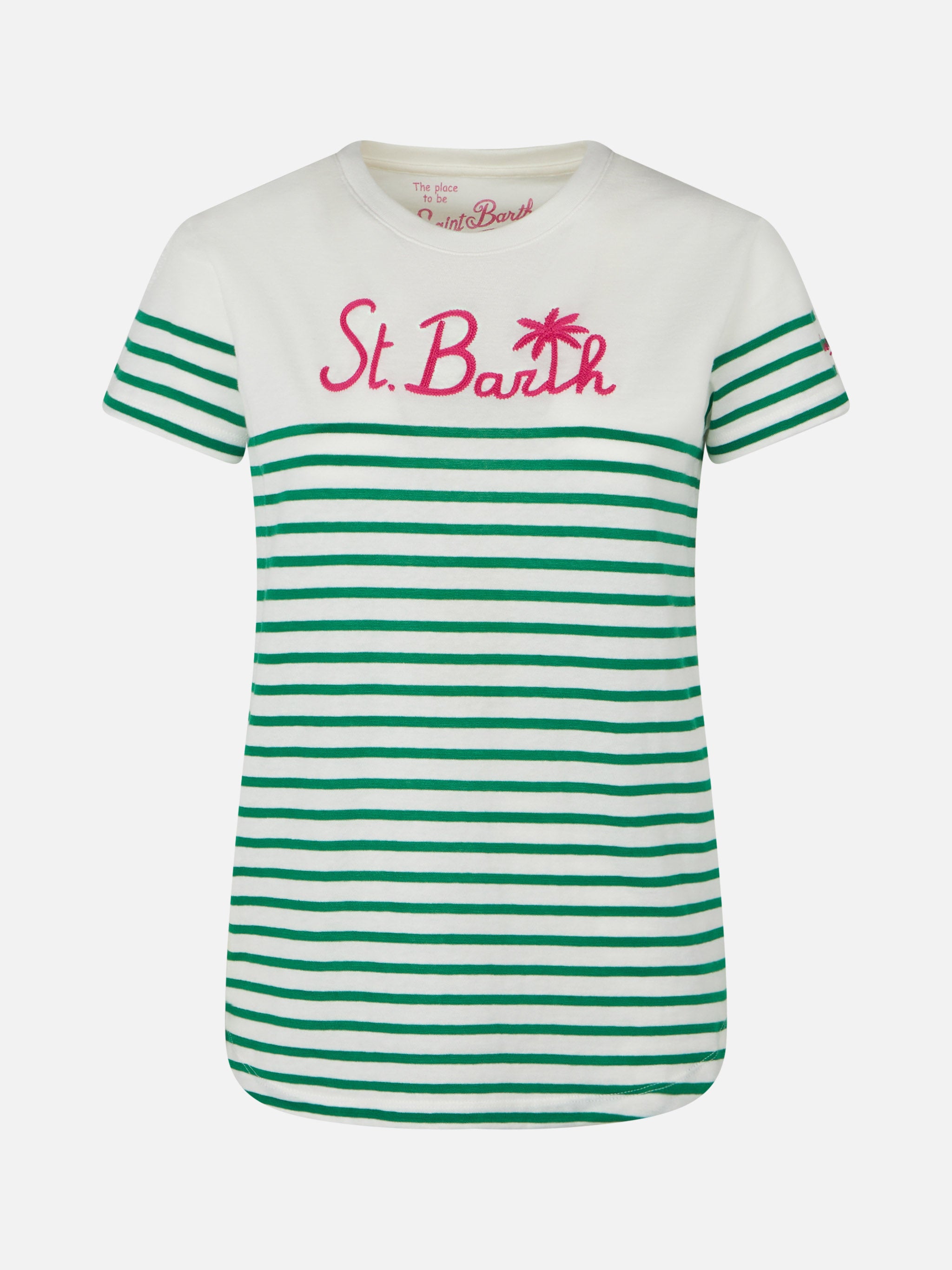 mc2-saint-barth-t-shirt-donna-cotone-righe-verdi-ricamo-st-barth image 4