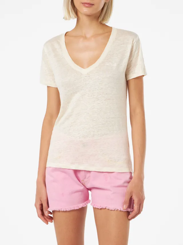 mc2-saint-barth-t-shirt-eloise-donna-scollo-a-v-in-jersey-di-lino-bianco-sporco image 1