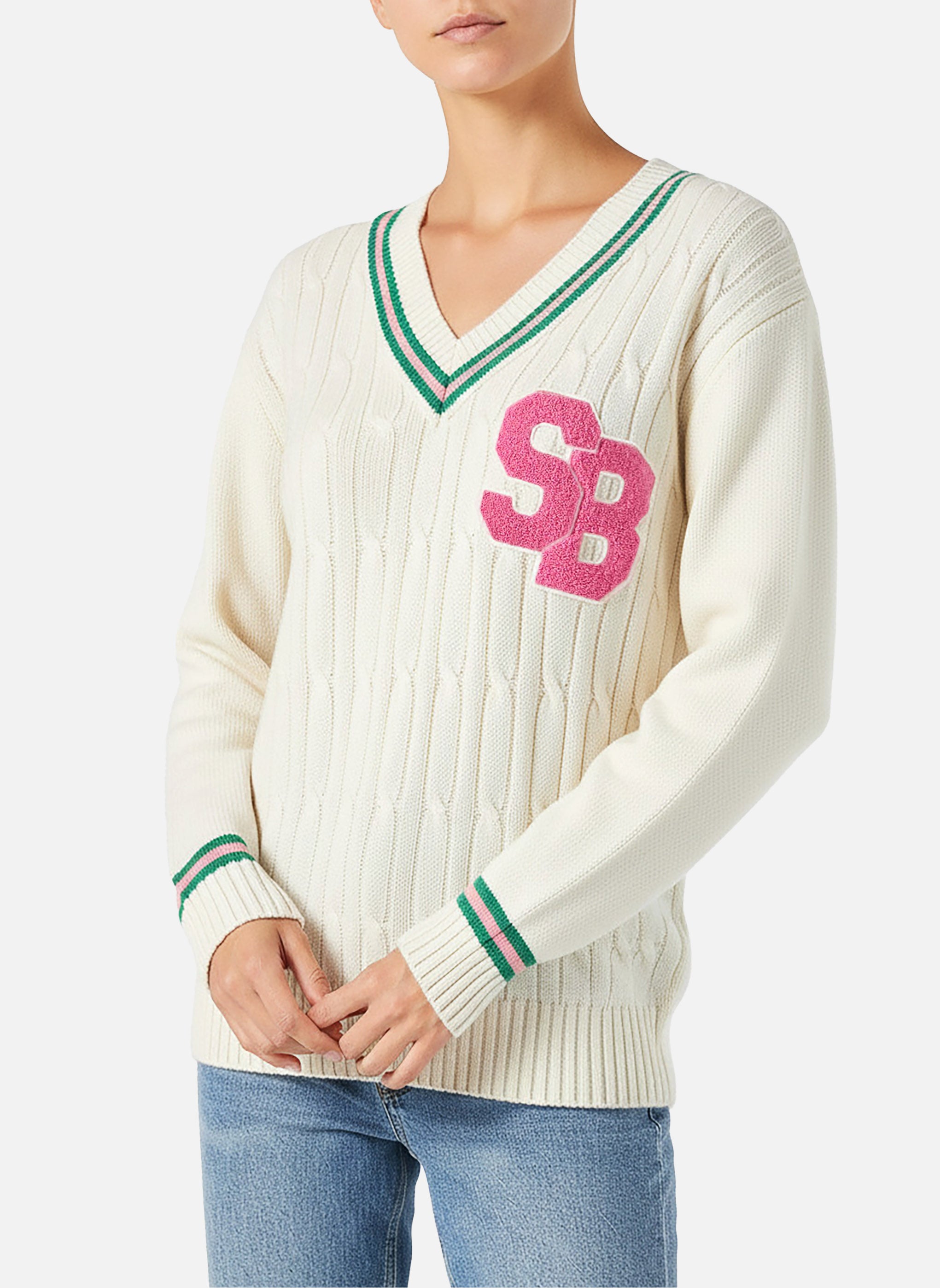 mc2-saint-barth-roger-maglia-donna-scollo-v-cashmere-misto-bianca-con-patch image 1