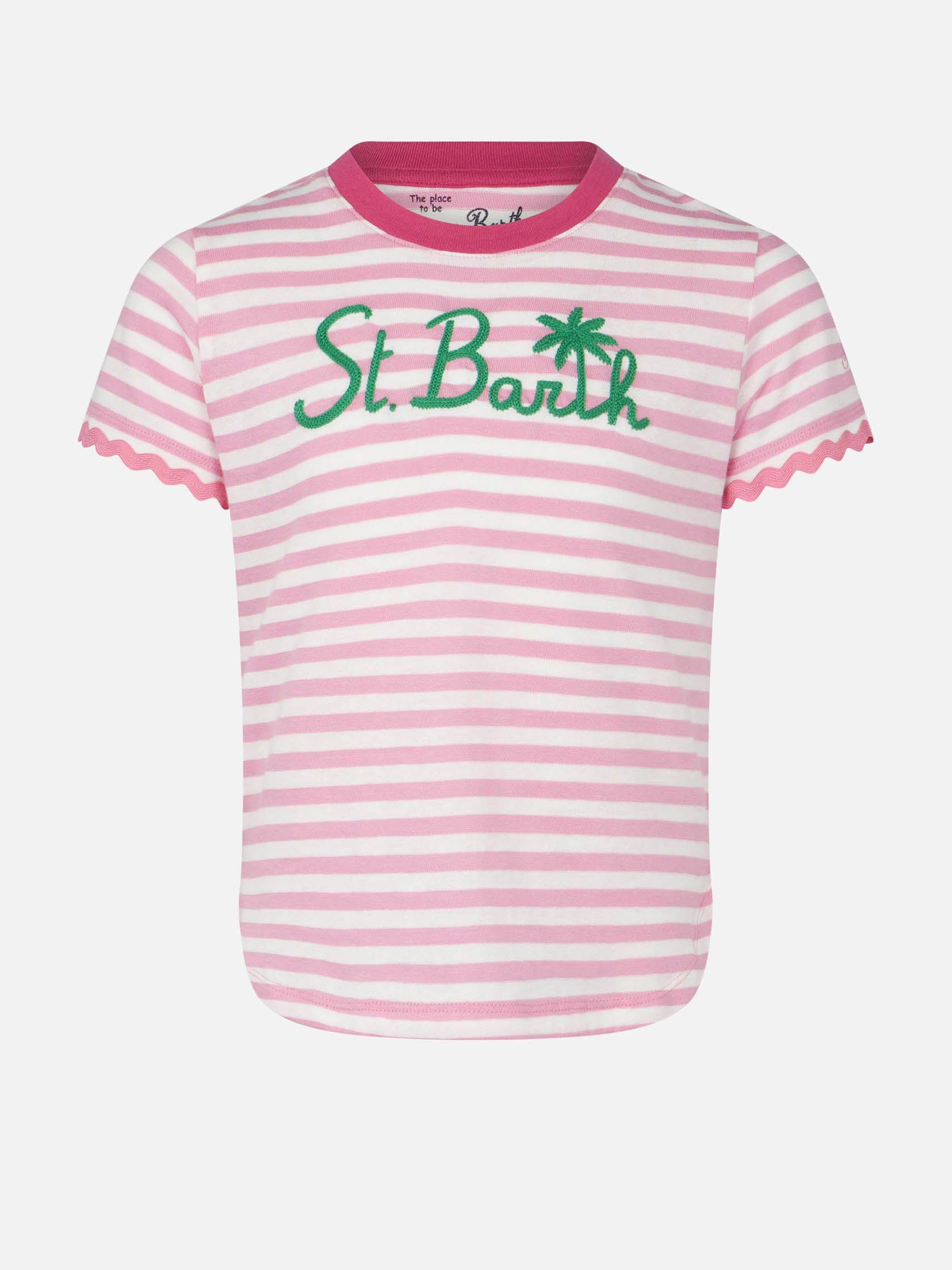 mc2-saint-barth-t-shirt-bambina-righe-fucsia-ricamo-st-barth image 1