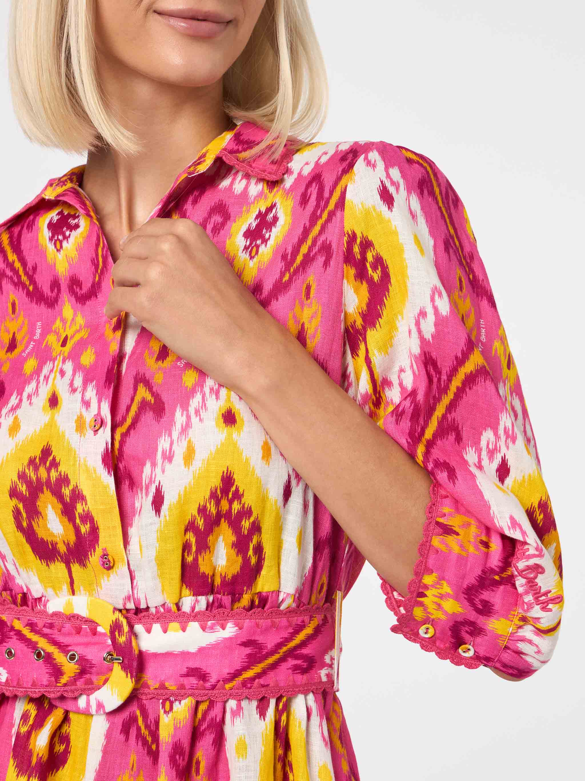 mc2-saint-barth-abito-corto-daisi-in-lino-fucsia-e-giallo-fantasia-ikat image 3