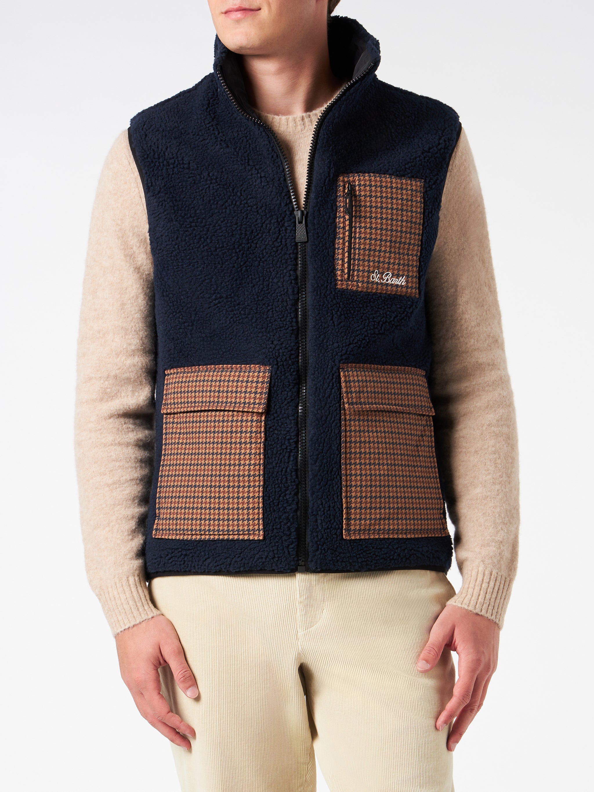 mc2-saint-barth-wanaka-gilet-uomo-sherpa-blu-tasche-check image 1
