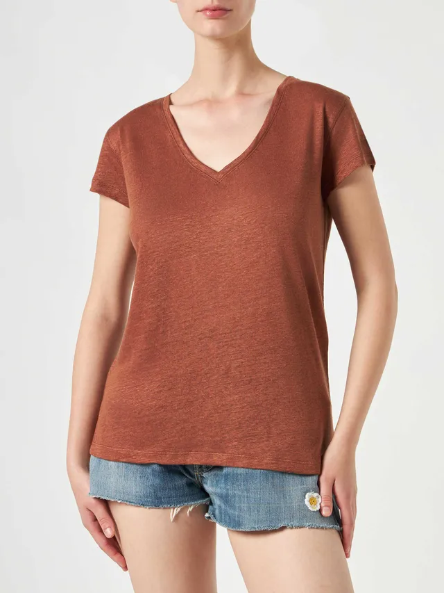 mc2-saint-barth-eloise-t-shirt-donna-in-lino-marrone-scollo-a-v image 1