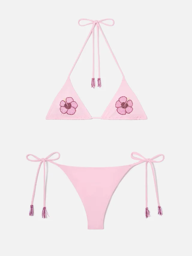mc2-saint-barth-bikini-maleah-triangolo-rosa-con-applicazioni-floreali-perline image 1