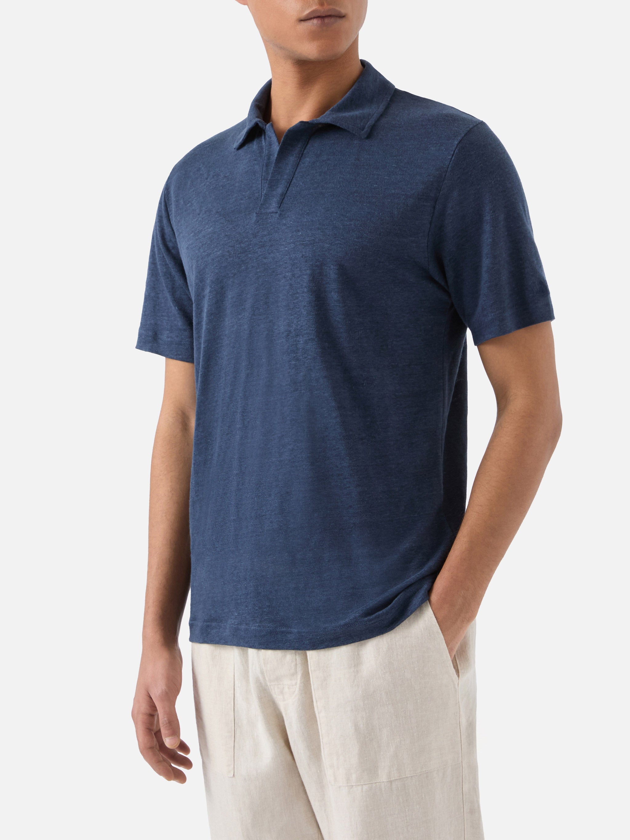 polo-fraser-mc2-saint-barth-in-puro-lino-blu-navy-con-collo-polo-senza-bottoni image 1