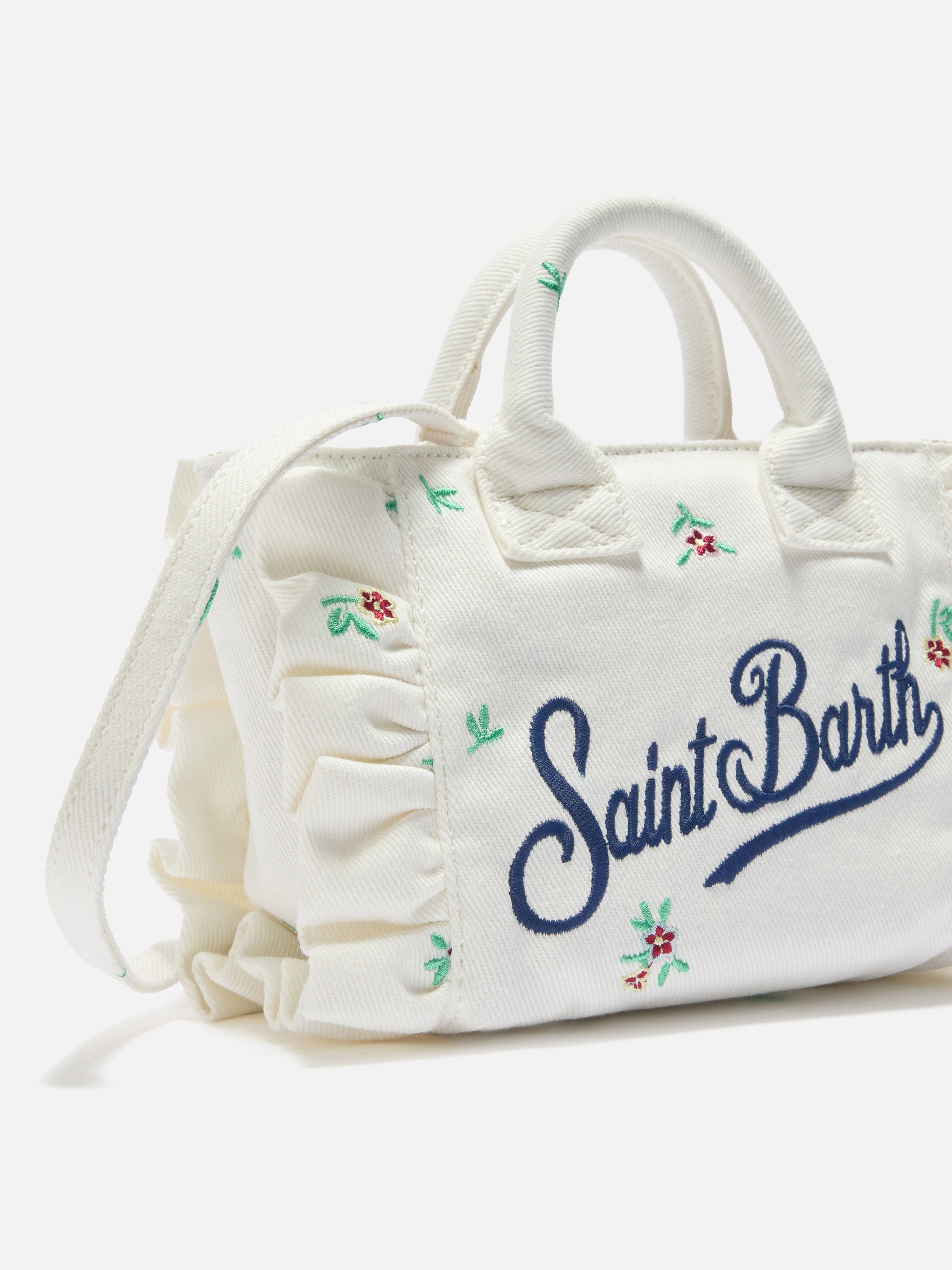 mc2-saint-barth-vanity-mini-volant-borsa-denim-bianca-fiori-ricamati image 3