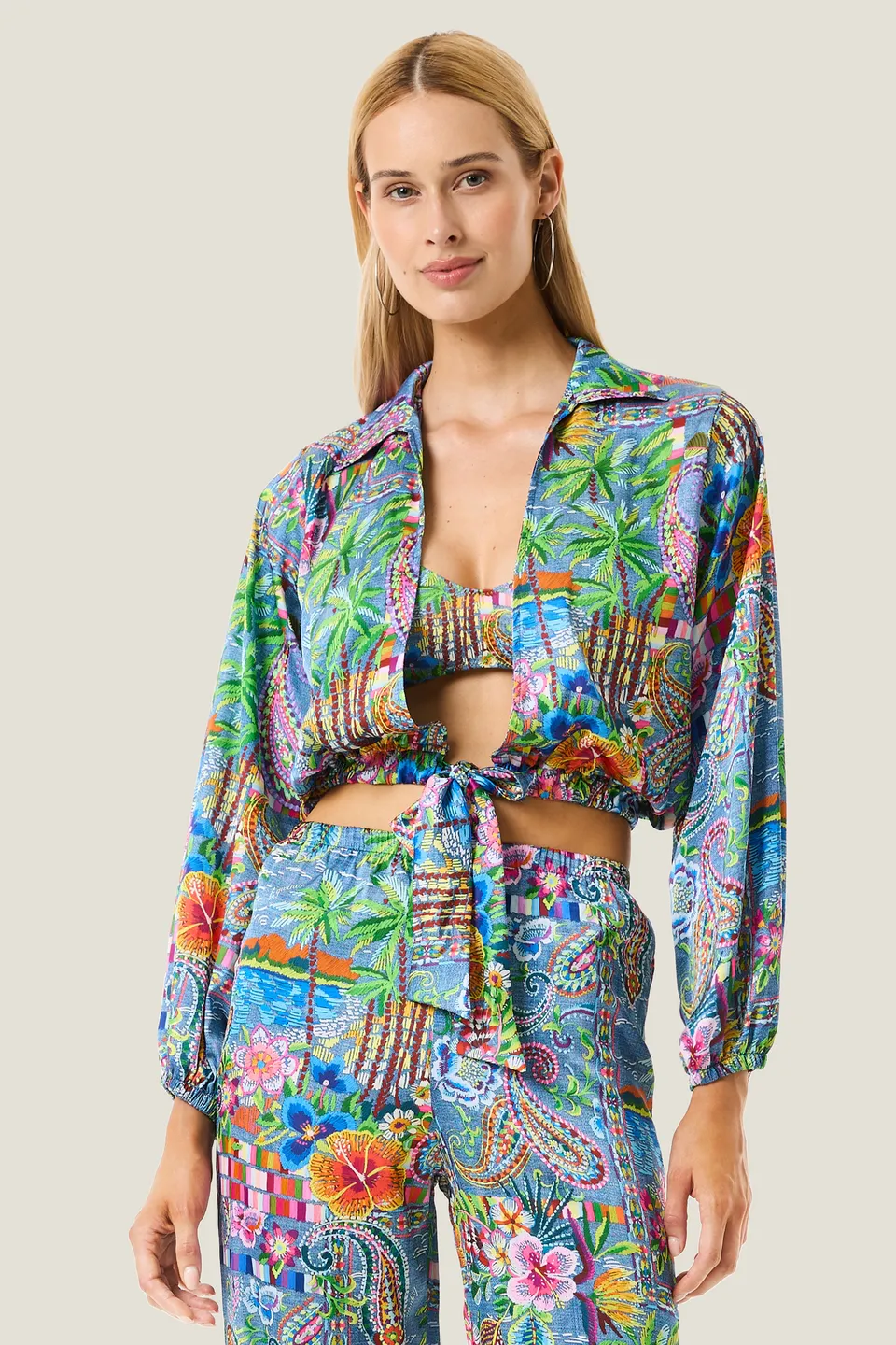 4giveness-camicia-crop-scollo-v-manica-lunga-larga-denim-mexican-donna image 1