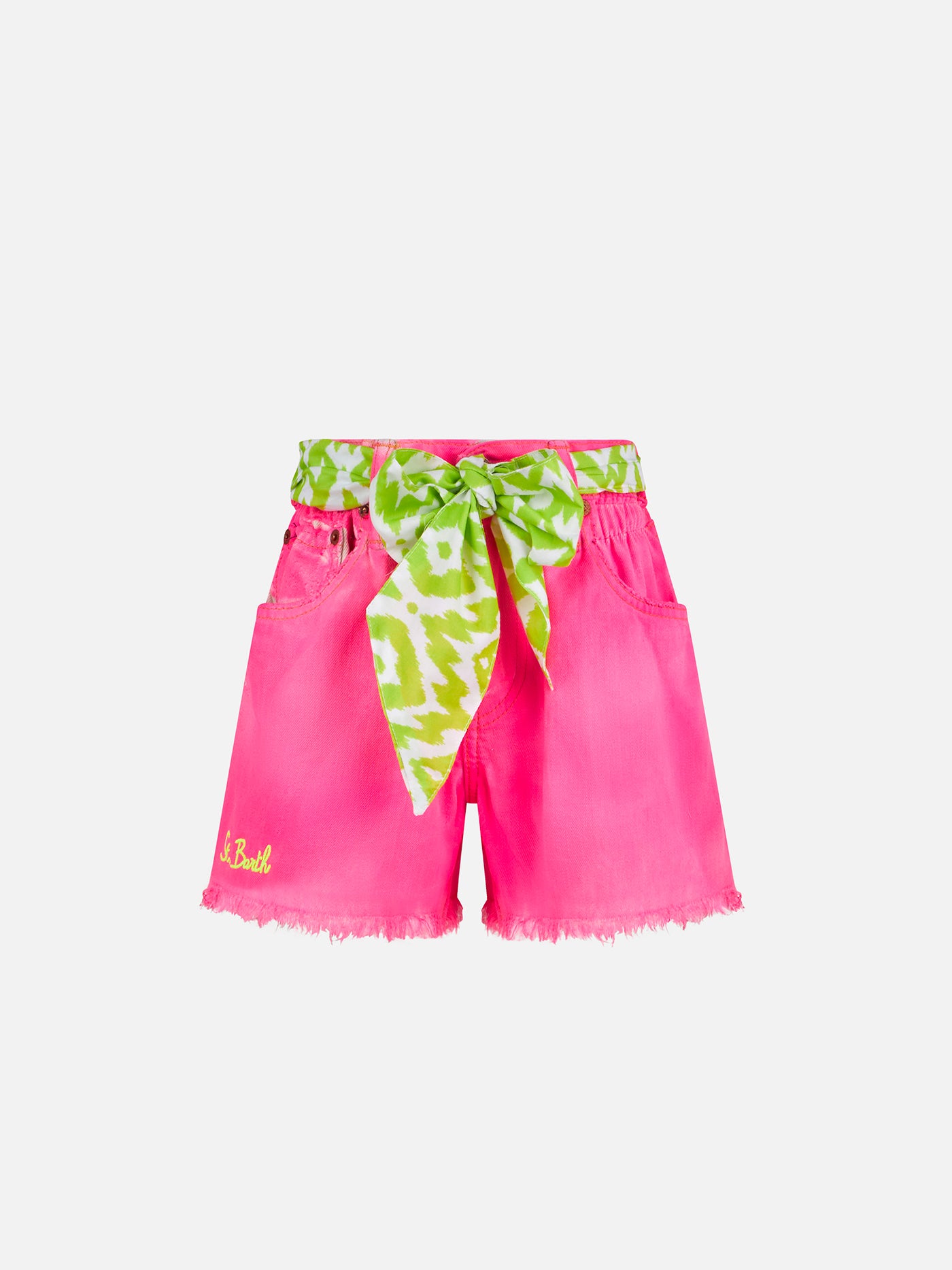 pantaloncini-da-bambina-mc2-saint-barth-in-denim-riciclato-rosa-fluo-con-ricami image 1