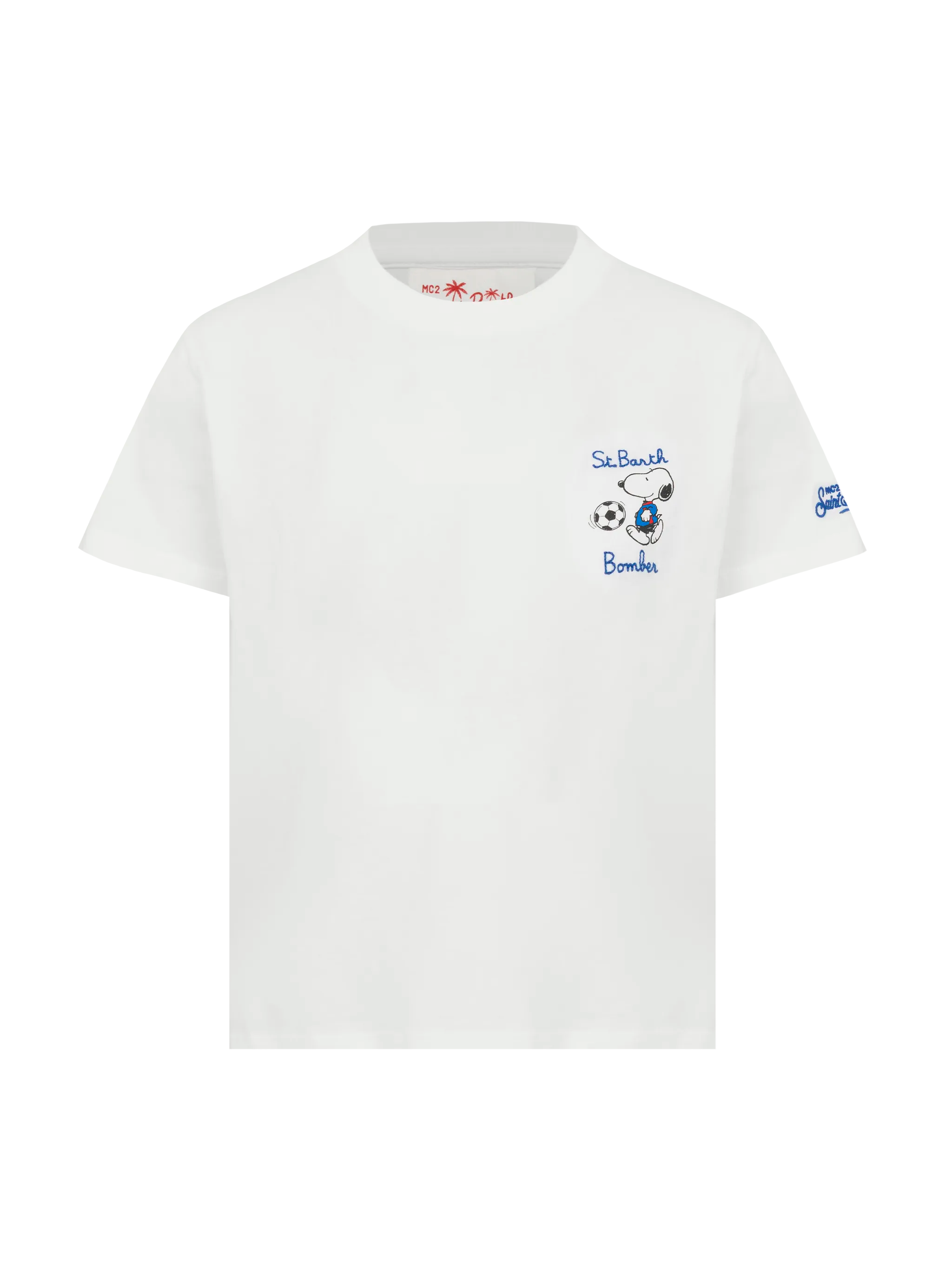 mc2-saint-barth-t-shirt-boy-cotone-bianco-ricamo-st-barth-bomber-e-stampa-snoopy image 1