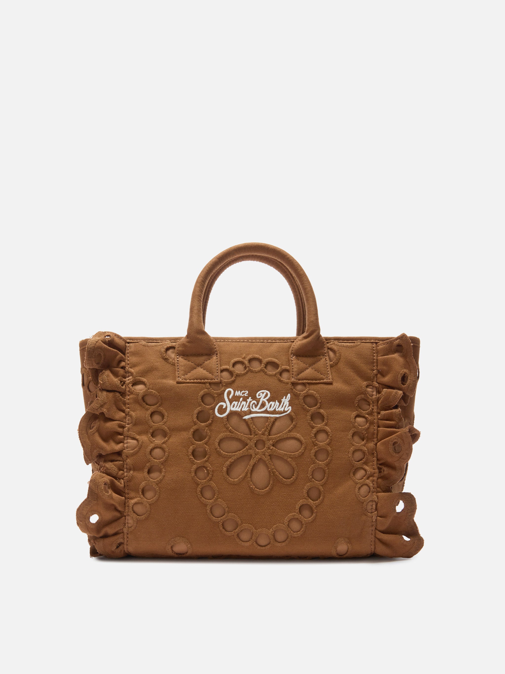 mc2-saint-barth-colette-volant-borsa-a-mano-in-cotone-sangallo-marrone image 3