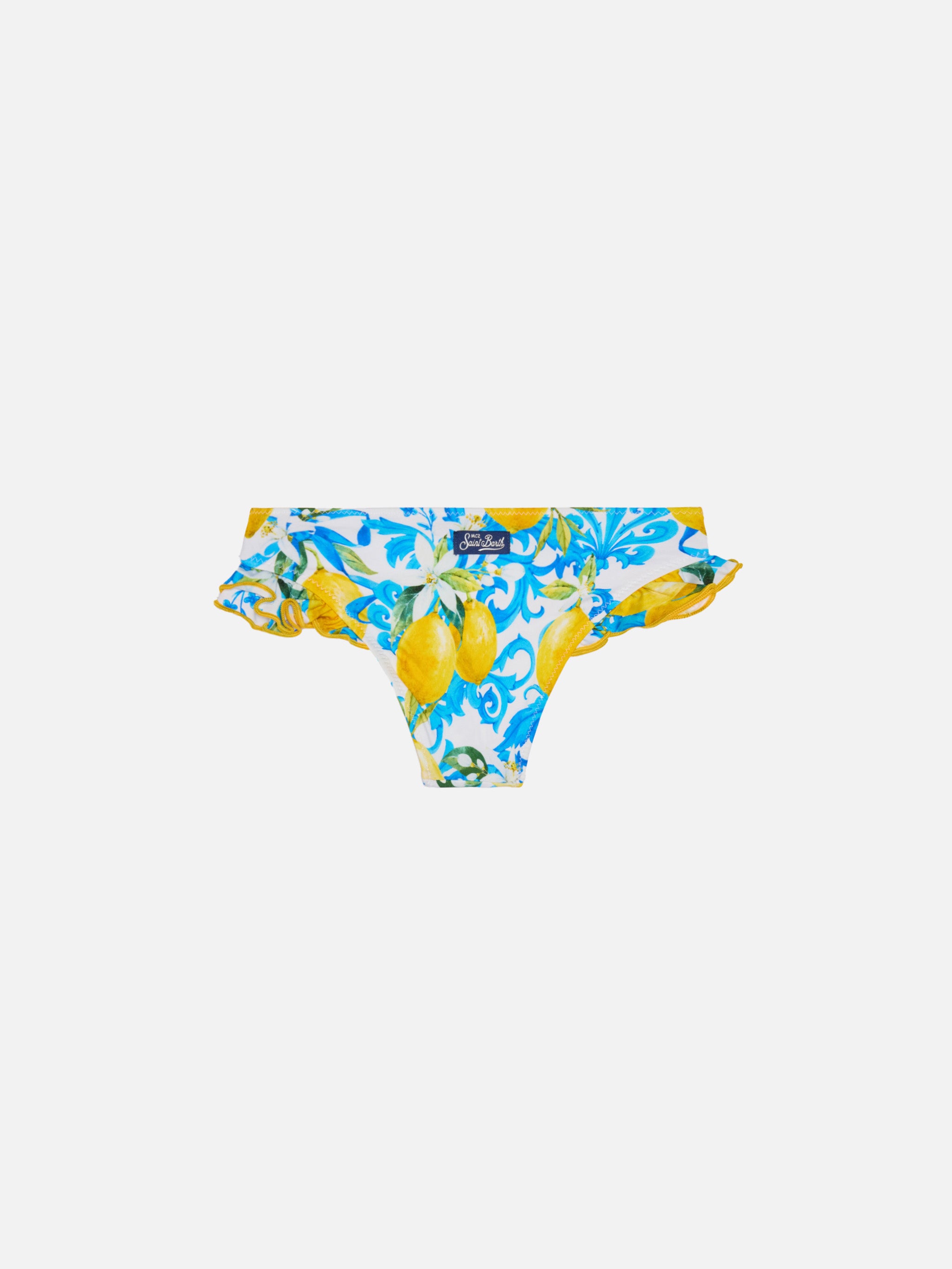 mc2-saint-barth-slip-da-bagno-bambina-con-volant-stampa-barocca-limone image 2