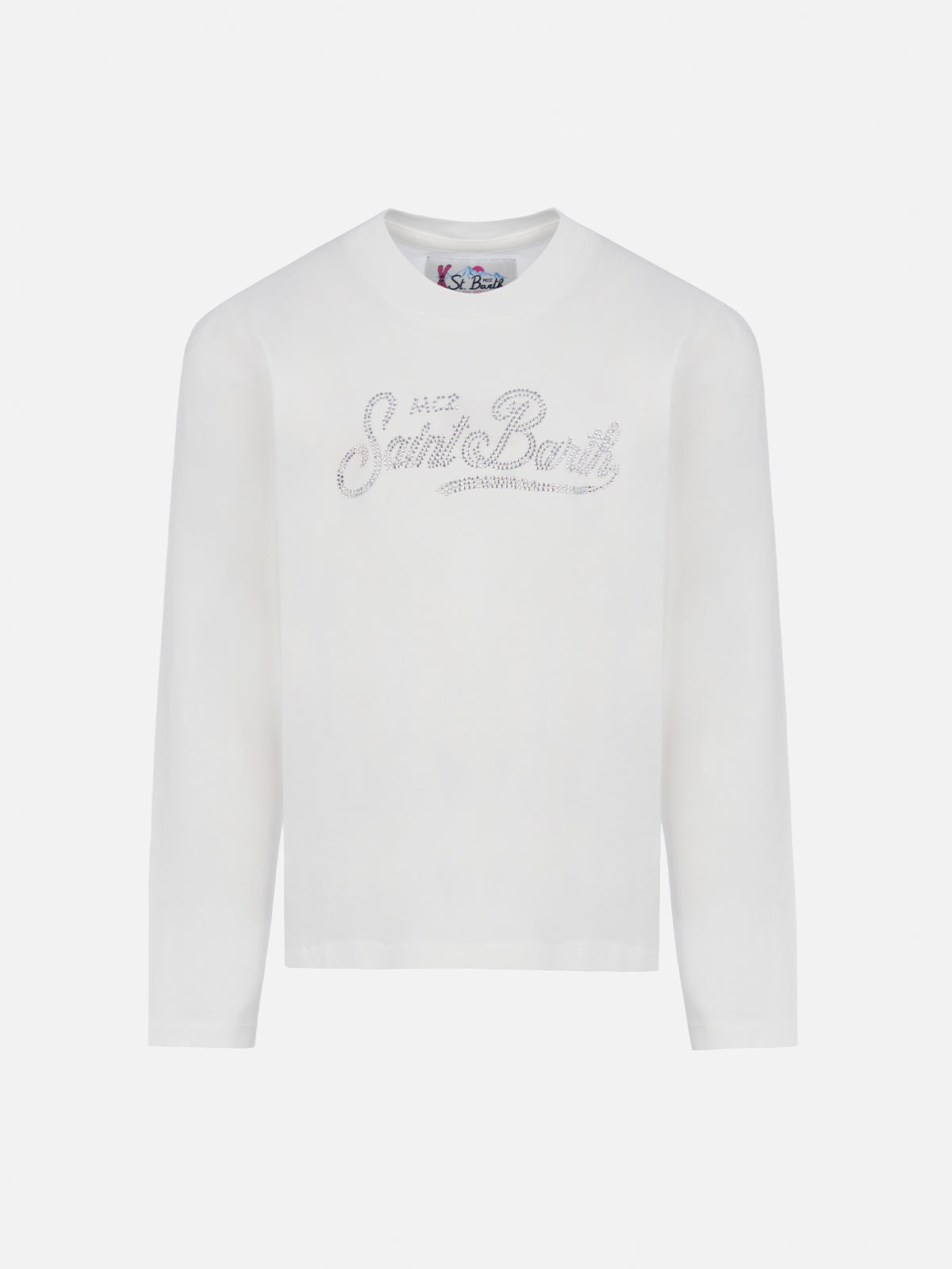 mc2-saint-barth-penny-t-shirt-bambina-bianca-maniche-lunghe-logo-strass image 1