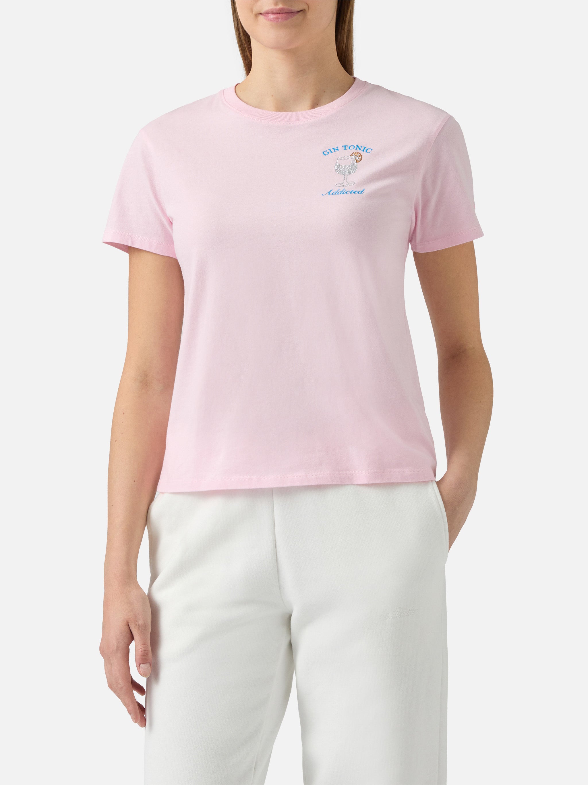mc2-saint-barth-t-shirt-emilie-donna-in-cotone-rosa-gin-tonic-addicted-strass image 2
