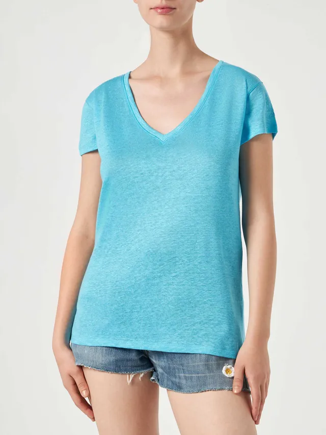 mc2-saint-barth-eloise-t-shirt-donna-in-lino-turchese-scollo-a-v image 1
