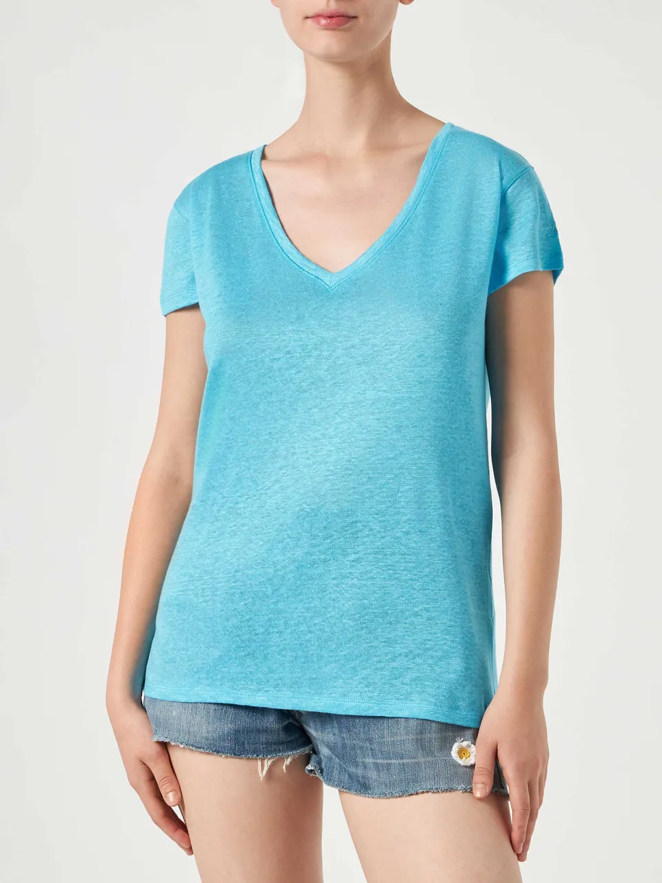 mc2-saint-barth-eloise-t-shirt-donna-in-lino-turchese-scollo-a-v image 1