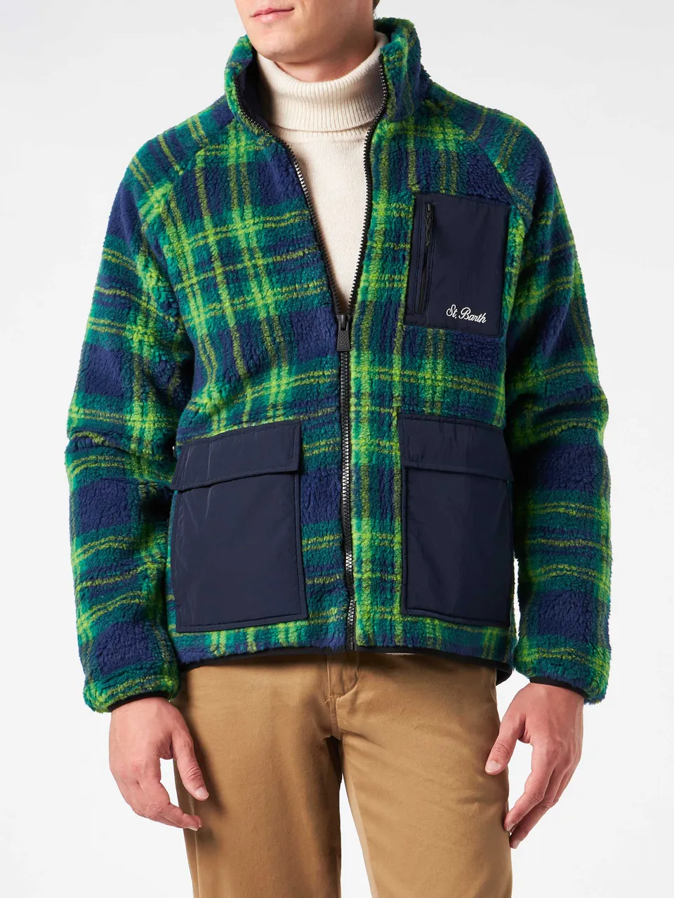 mc2-saint-barth-giacca-keystone-uomo-sherpa-fantasia-tartan-verde-blu image 1