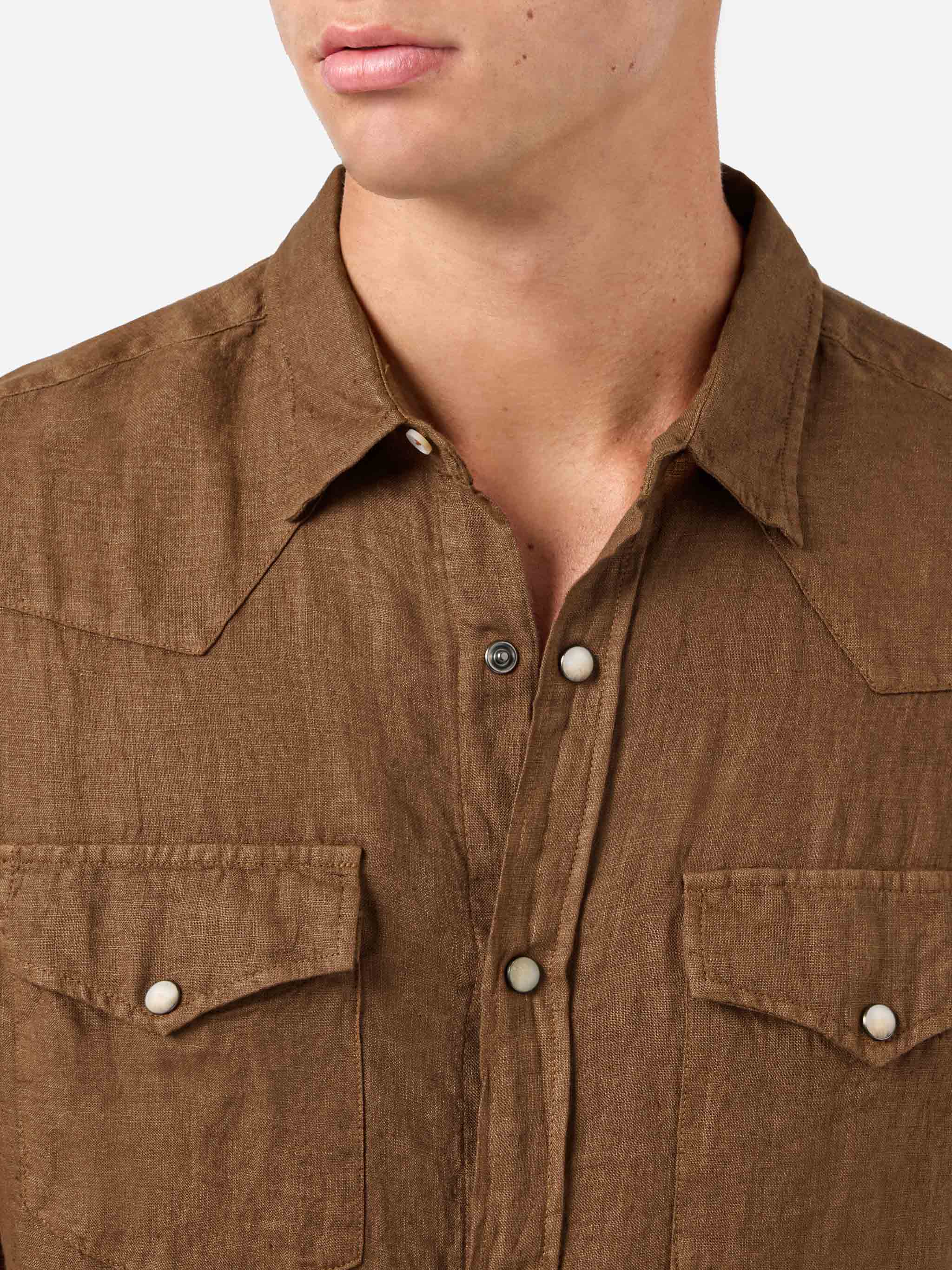 mc2-saint-barth-greg-camicia-uomo-lino-marrone-tinta-unita-vintage image 2