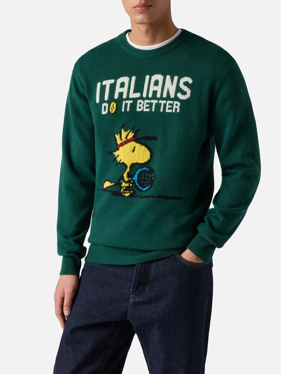 mc2-saint-barth-heron-maglione-girocollo-uomo-verde-jacquard-woodstock-peanuts-s image 1