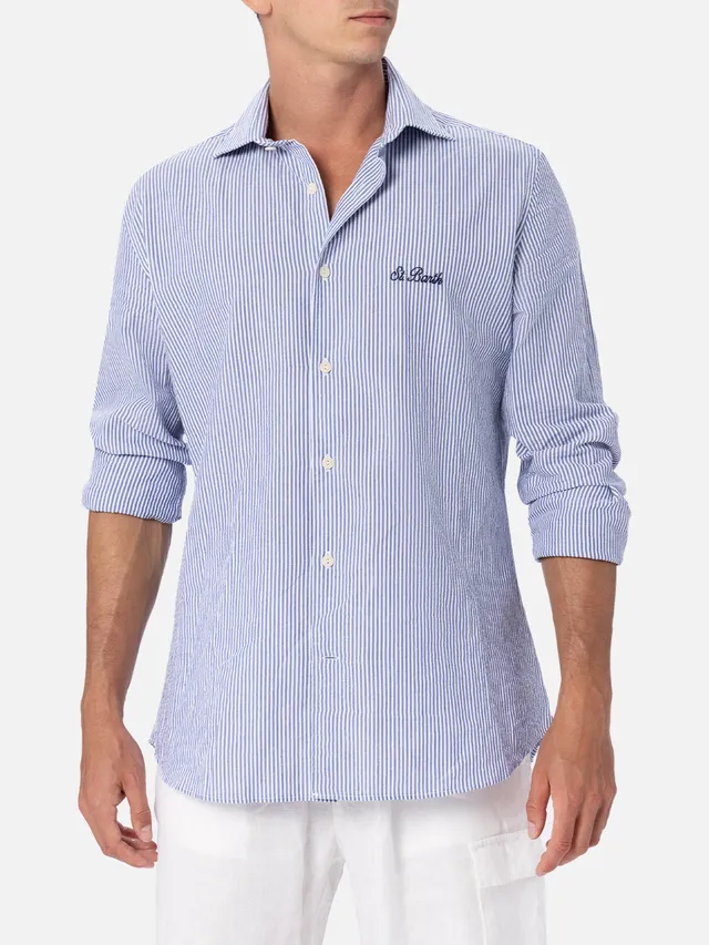camicia-pamplona-mc2-saint-barth-in-cotone-seersucker-a-righe-azzurre image 1