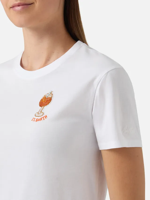 mc2-saint-barth-t-shirt-emilie-donna-in-cotone-bianco-con-ricamo-cocktail-perlin image 1
