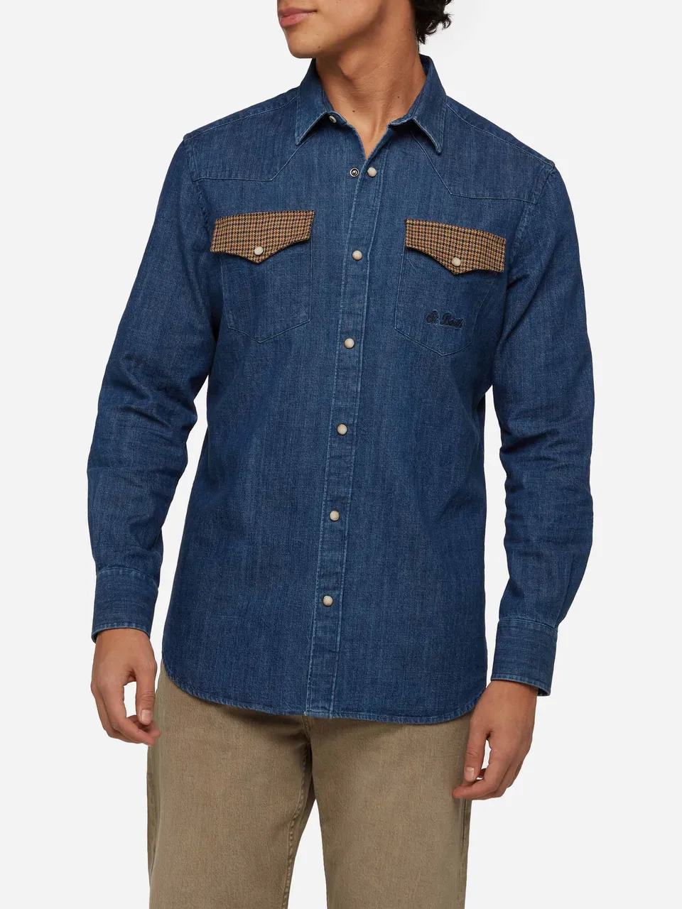 camicia-mc2-saint-barth-greg-in-denim-con-toppe-pied-de-poul-cotone-blu image 1