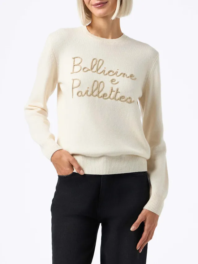 mc2-saint-barth-new-queen-maglione-girocollo-donna-beige-con-ricamo-paillettes-b image 1