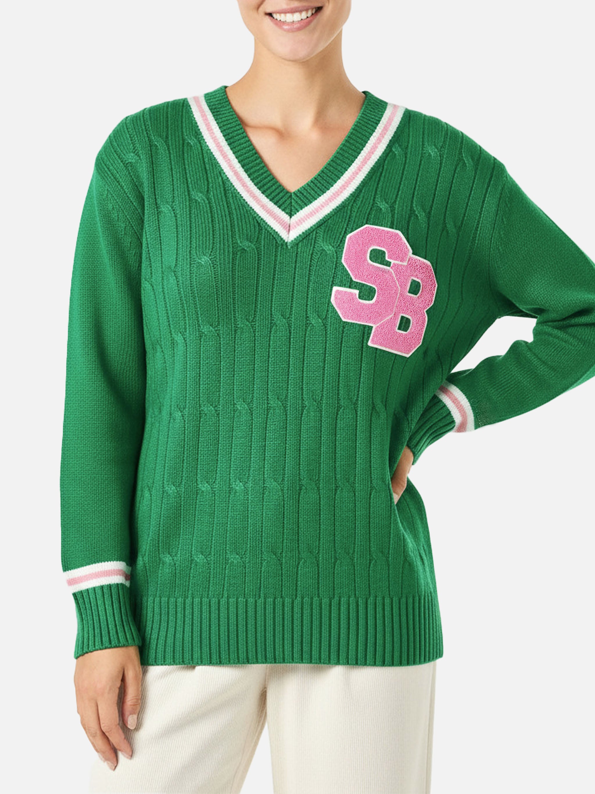 maglione-mc2-saint-barth-roger-con-scollo-a-v-intrecciato-verde-tinta-unita-in-m image 1