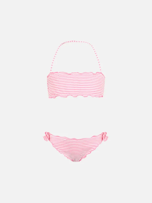 bikini-classico-a-fascia-da-bambina-emy-in-seersucker-con-stampa-a-righe-rosa-mc image 1