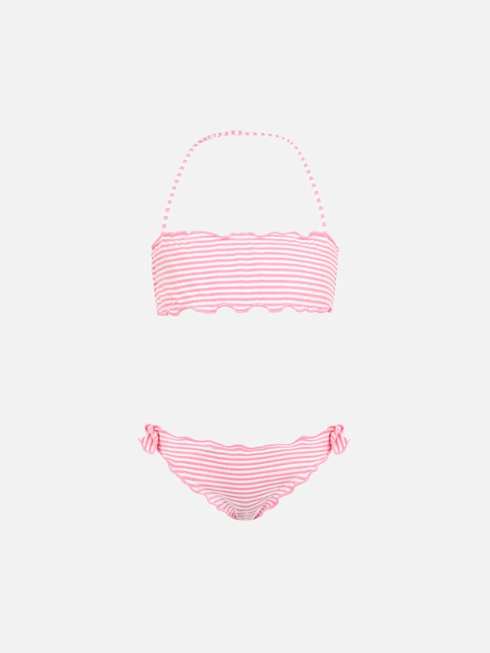 bikini-classico-a-fascia-da-bambina-emy-in-seersucker-con-stampa-a-righe-rosa-mc image 1