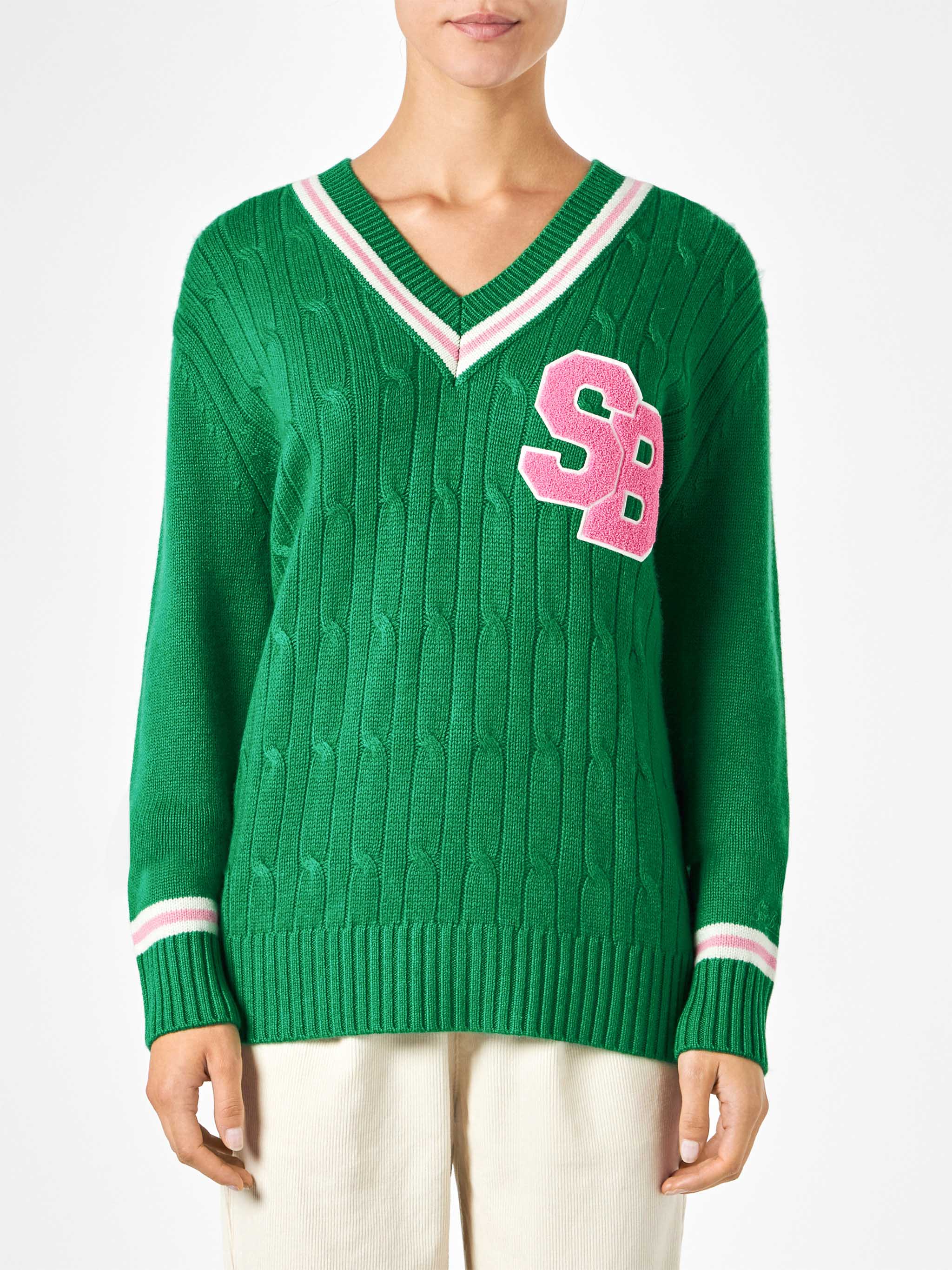 maglione-mc2-saint-barth-roger-con-scollo-a-v-intrecciato-verde-tinta-unita-in-m image 2