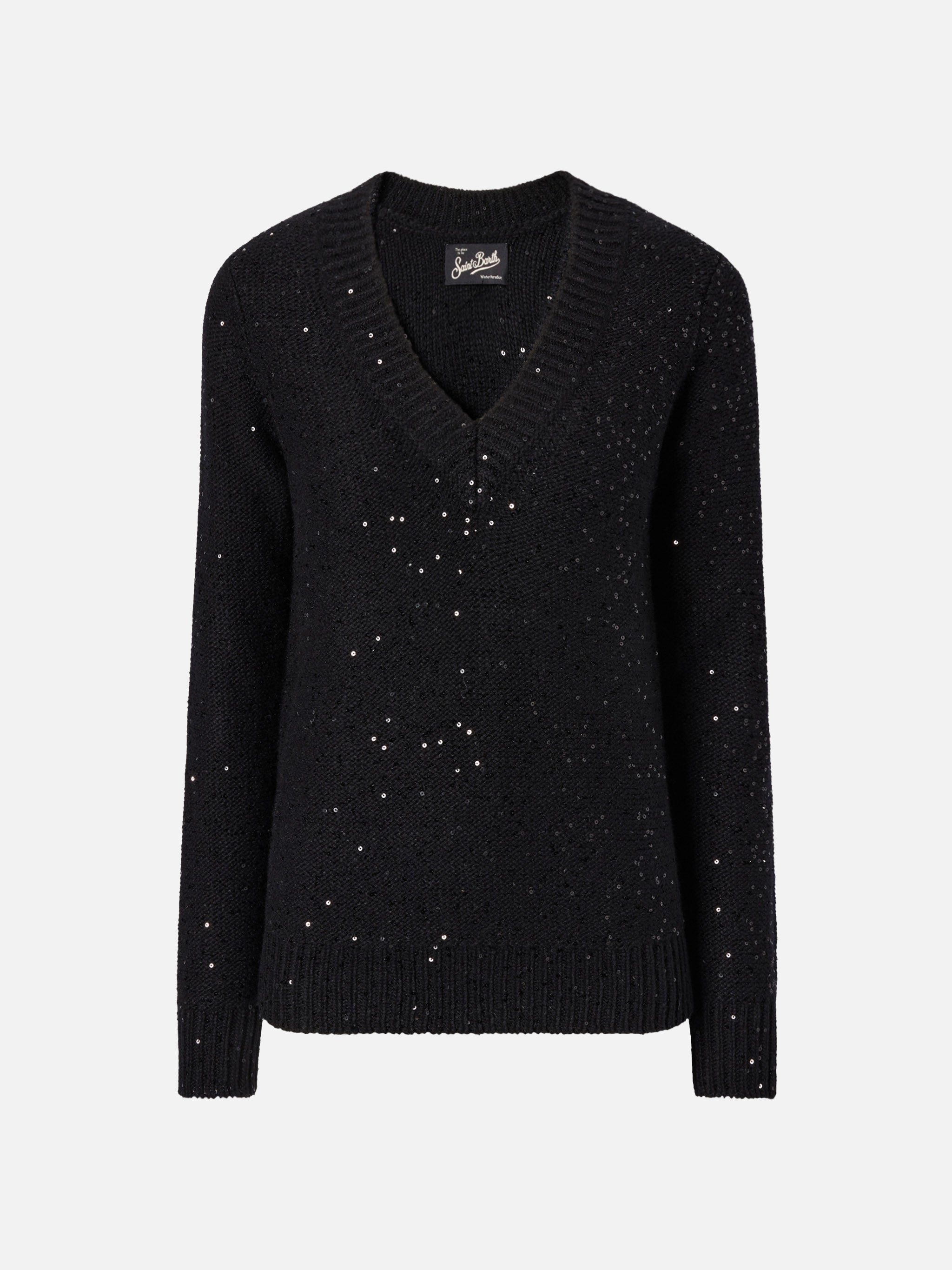 mc2-saint-barth-maglione-donna-scollo-a-v-nero-con-paillettes-lana-e-cashmere image 6