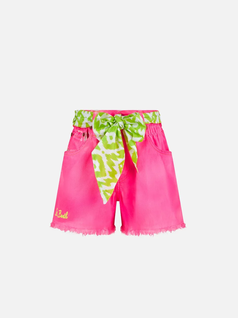 pantaloncini-da-bambina-mc2-saint-barth-in-denim-riciclato-rosa-fluo-con-ricami image 1