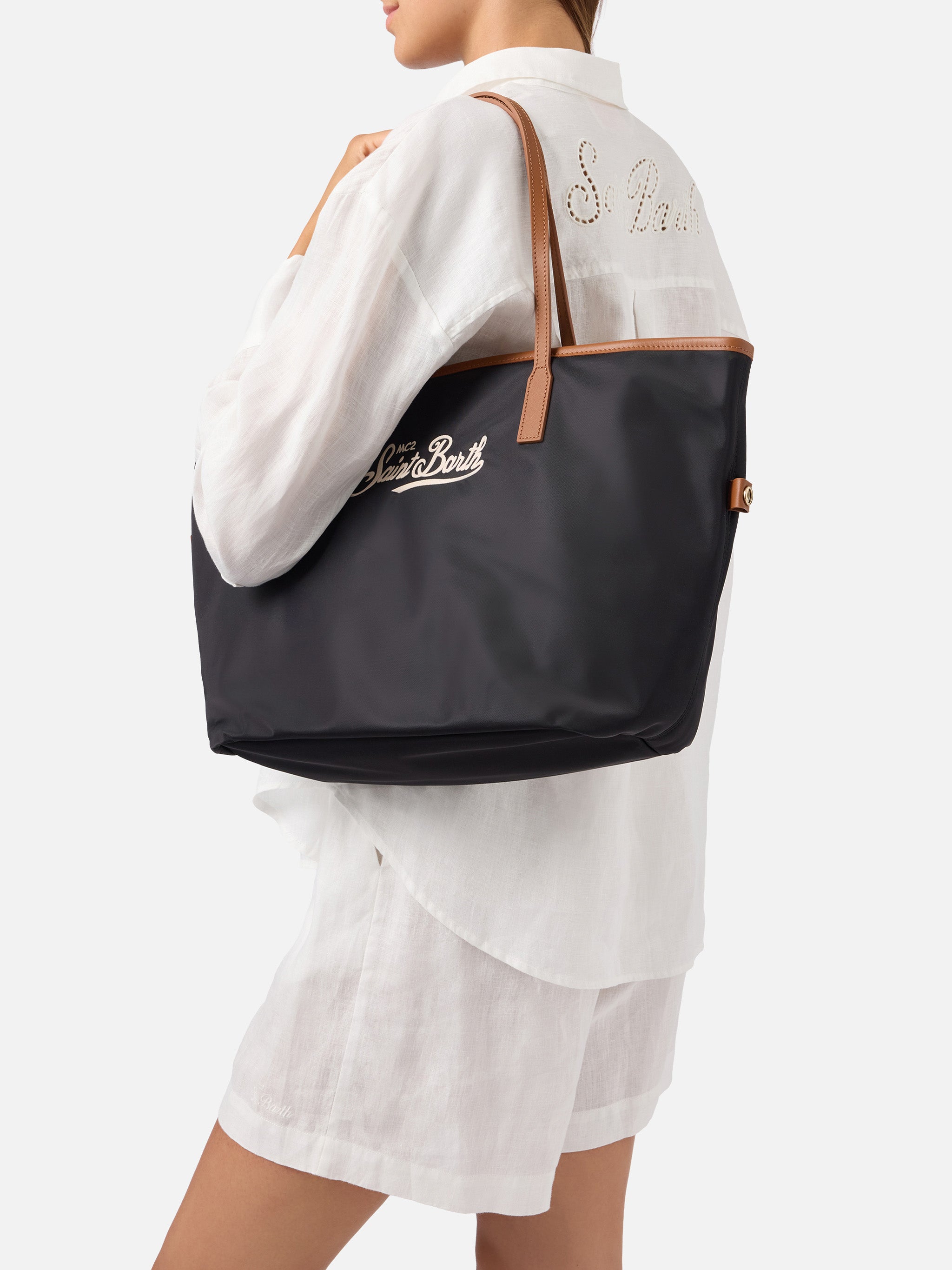 mc2-saint-barth-city-regular-borsa-shopper-nylon-nera-con-logo-ricamato image 2