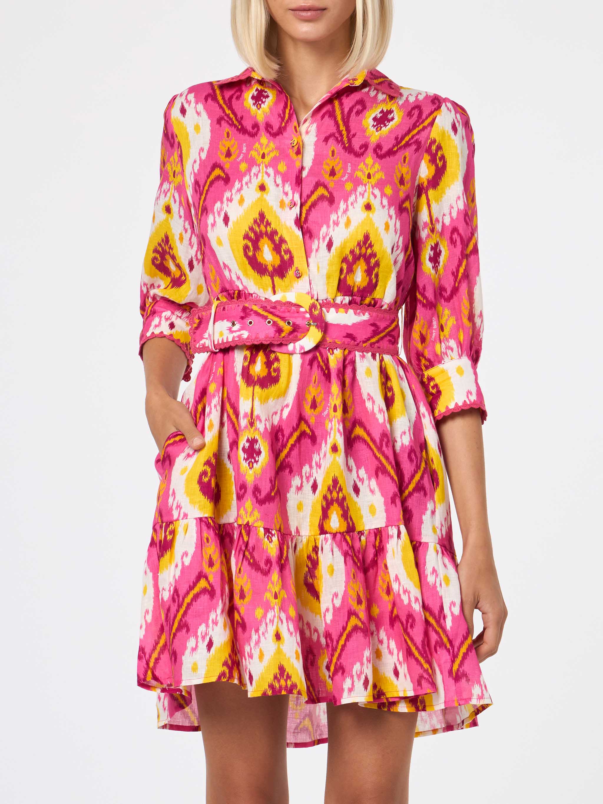 mc2-saint-barth-abito-corto-daisi-in-lino-fucsia-e-giallo-fantasia-ikat image 1