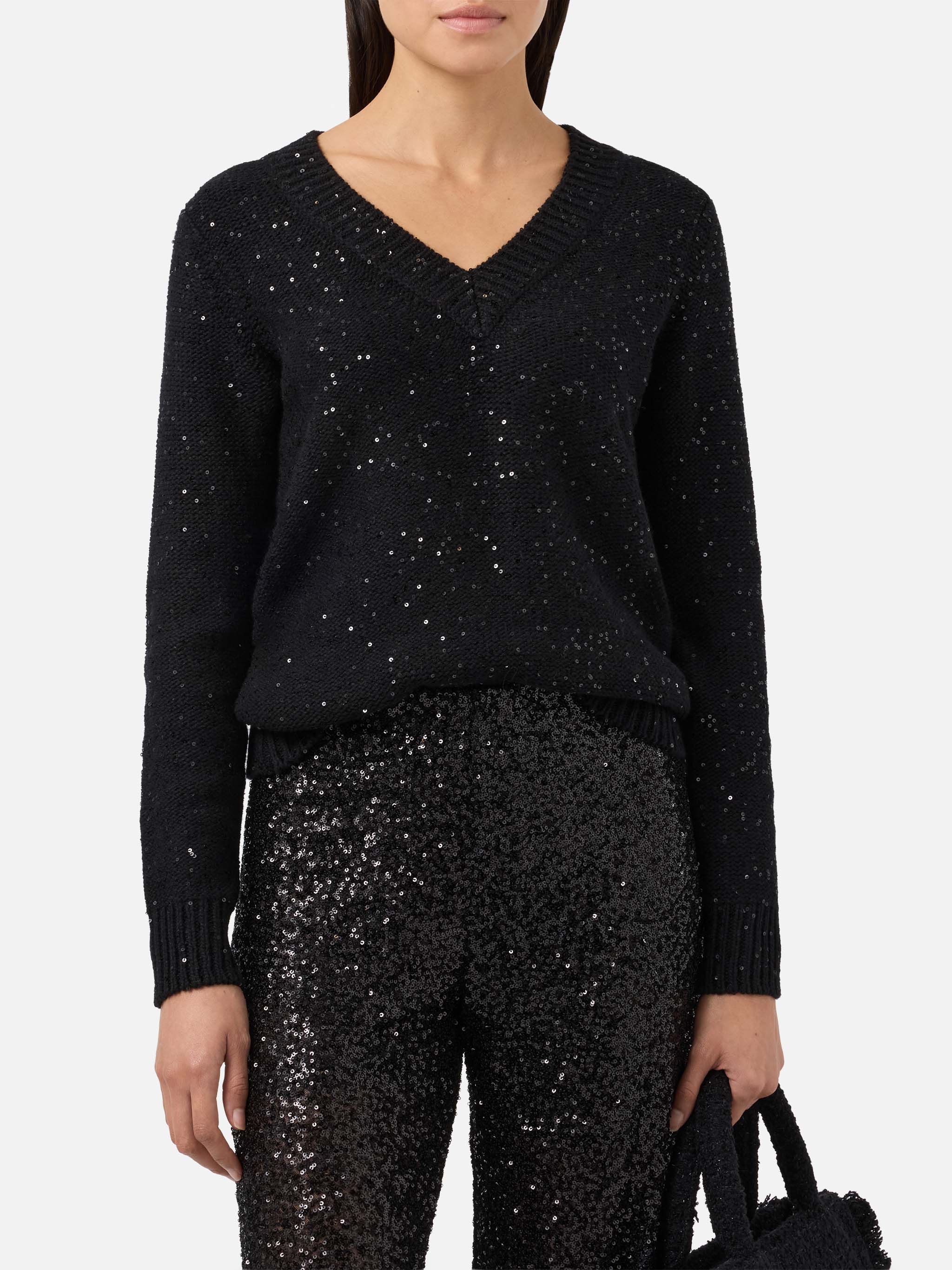 mc2-saint-barth-maglione-donna-scollo-a-v-nero-con-paillettes-lana-e-cashmere image 1