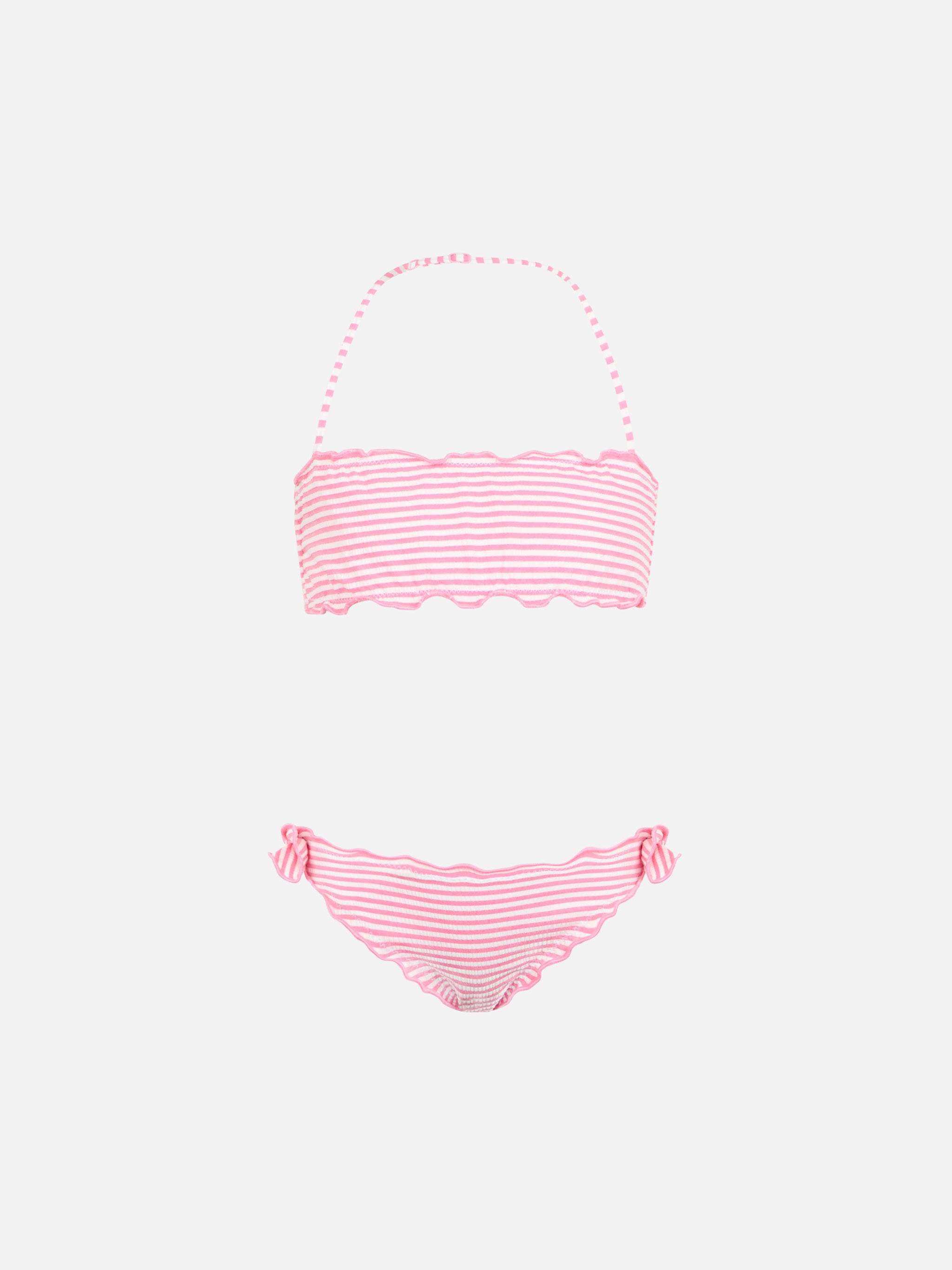 bikini-classico-a-fascia-da-bambina-emy-in-seersucker-con-stampa-a-righe-rosa-mc image 1