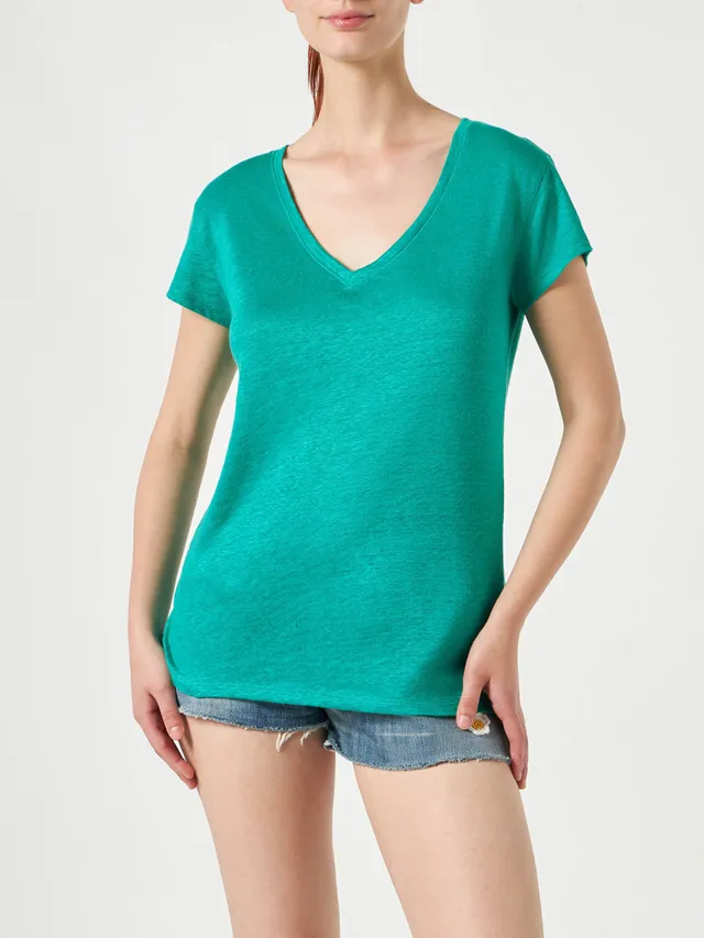 mc2-saint-barth-t-shirt-eloise-in-lino-verde-tinta-unita-donna image 1