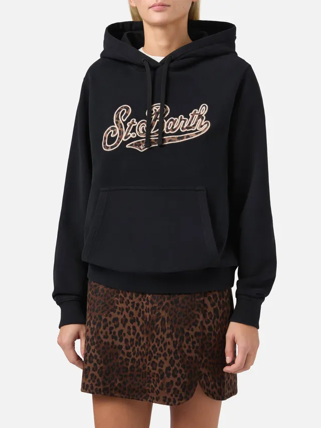 mc2-saint-barth-virginia-felpa-con-cappuccio-in-cotone-nero-con-patch-animalier image 1