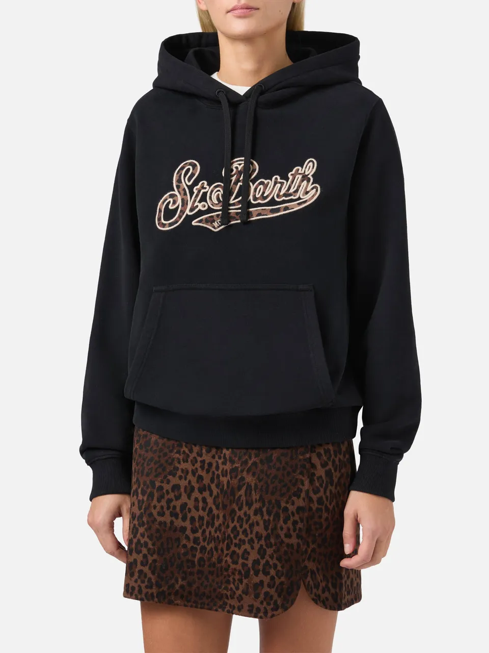 mc2-saint-barth-virginia-felpa-con-cappuccio-in-cotone-nero-con-patch-animalier image 1