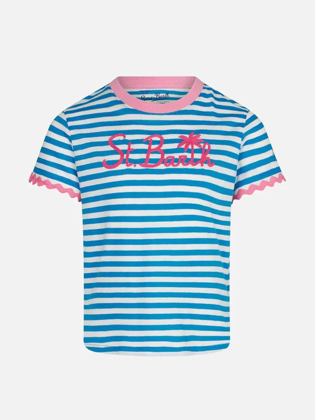 mc2-saint-barth-ecstasea-t-shirt-da-bambina-a-righe-blu-e-bianche-con-ricamo-ros image 1