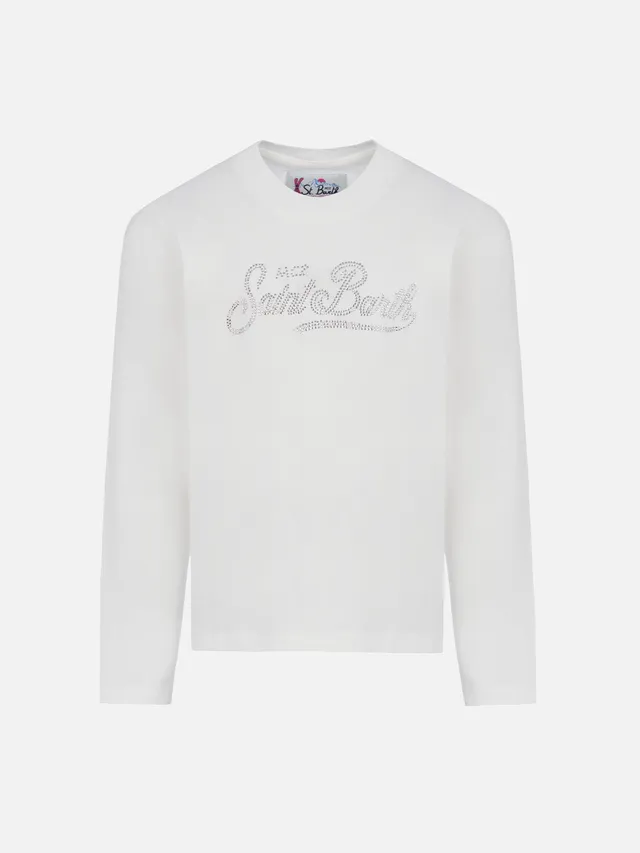 mc2-saint-barth-penny-t-shirt-bambina-bianca-maniche-lunghe-logo-strass image 1